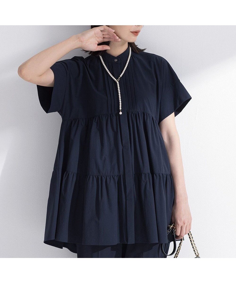 【組曲/KUMIKYOKU】のスーパーライトストレッチティアード ブラウス インテリア・キッズ・メンズ・レディースファッション・服の通販 founy(ファニー) ファッション Fashion レディースファッション Fashion for Women トップス・カットソー Cut & Sew Tops シャツ・ブラウス・オフィスカジュアル Elegant Blouses & Button-Ups 春 Spring ギャザー Gathered, Ruffled スタンド Stand Collar, Upright Stand ストレッチ Stretch, Stretchy Fabric セットアップ Set-Up, Coordinated Outfit デニム Denim, Jeans Material フェミニン Feminine, Girly フレア Flare, Flared 羽織 Haori, Light Jacket ワイド Wide, Wide Fit S/S・春夏 SS, Spring/Summer, Warm Season 夏 Summer ネイビー系|ID: prp329100004600786 ipo3291000000034640255