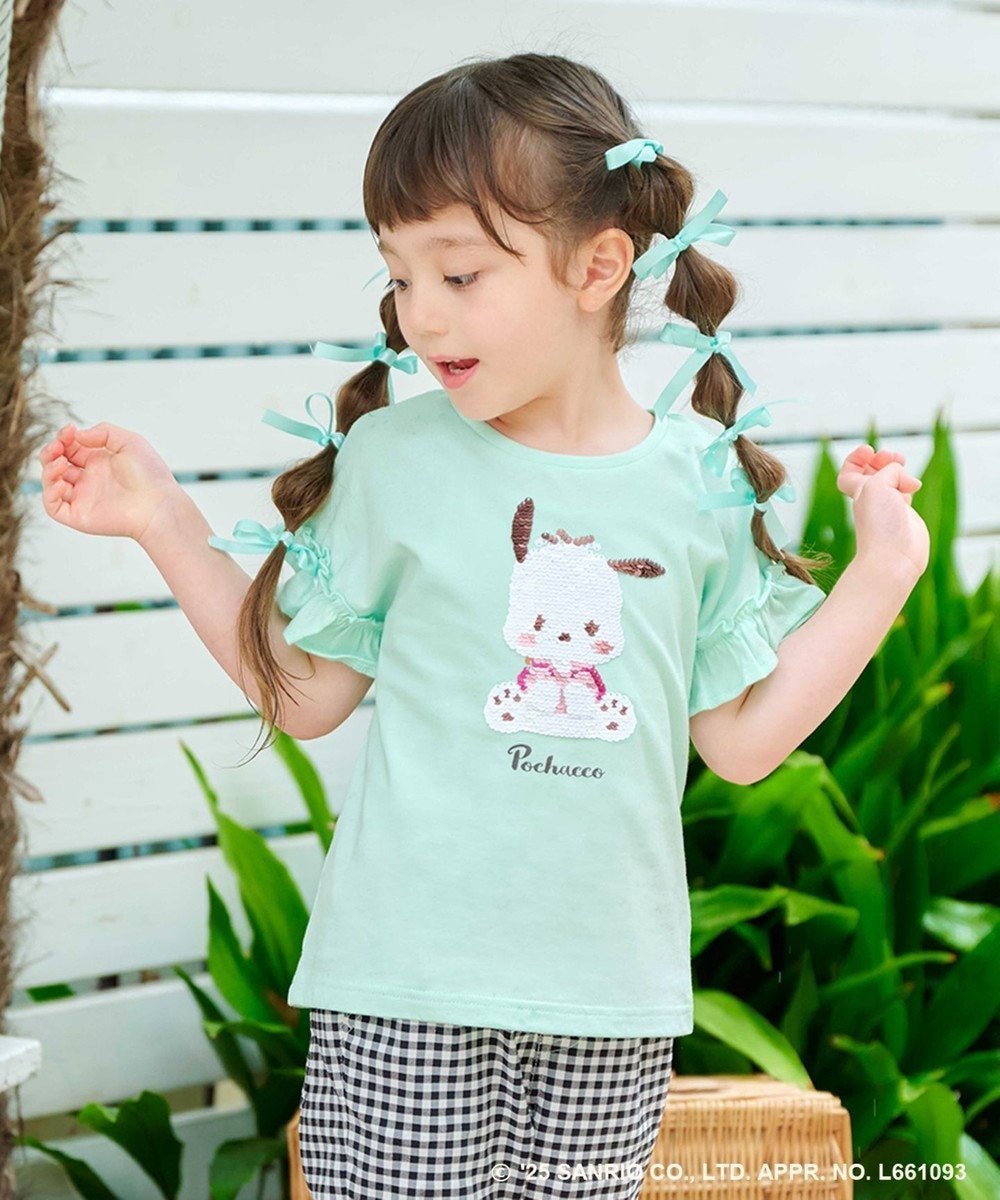 【エニィ/ANY / KIDS】の【any FAM ×サンリオキャラクターズ】ミラクルスパンコール Tシャツ インテリア・キッズ・メンズ・レディースファッション・服の通販 founy(ファニー) 　ファッション　Fashion　キッズファッション　Fashion for Kids　トップス・カットソー　Cut & Sew Tops　春　Spring　洗える　Machine Washable　カットソー　Cut and Sewn Top　ガーリー　Girly, Feminine Style　キャラクター　Character, Licensed Characters　キュロット　Culottes, Wide Shorts　スパンコール　Sequins, Sequin Embellishment　スリーブ　Sleeve, Long Sleeve / Short Sleeve　ネックレス　Necklace, Pendant Necklace　フリル　Frill, Ruffle　S/S・春夏　SS, Spring/Summer, Warm Season　おすすめ　Recommended / Our Picks　夏　Summer　ポチャッコ×ミント|ID: prp329100004601702 ipo3291000000035614693