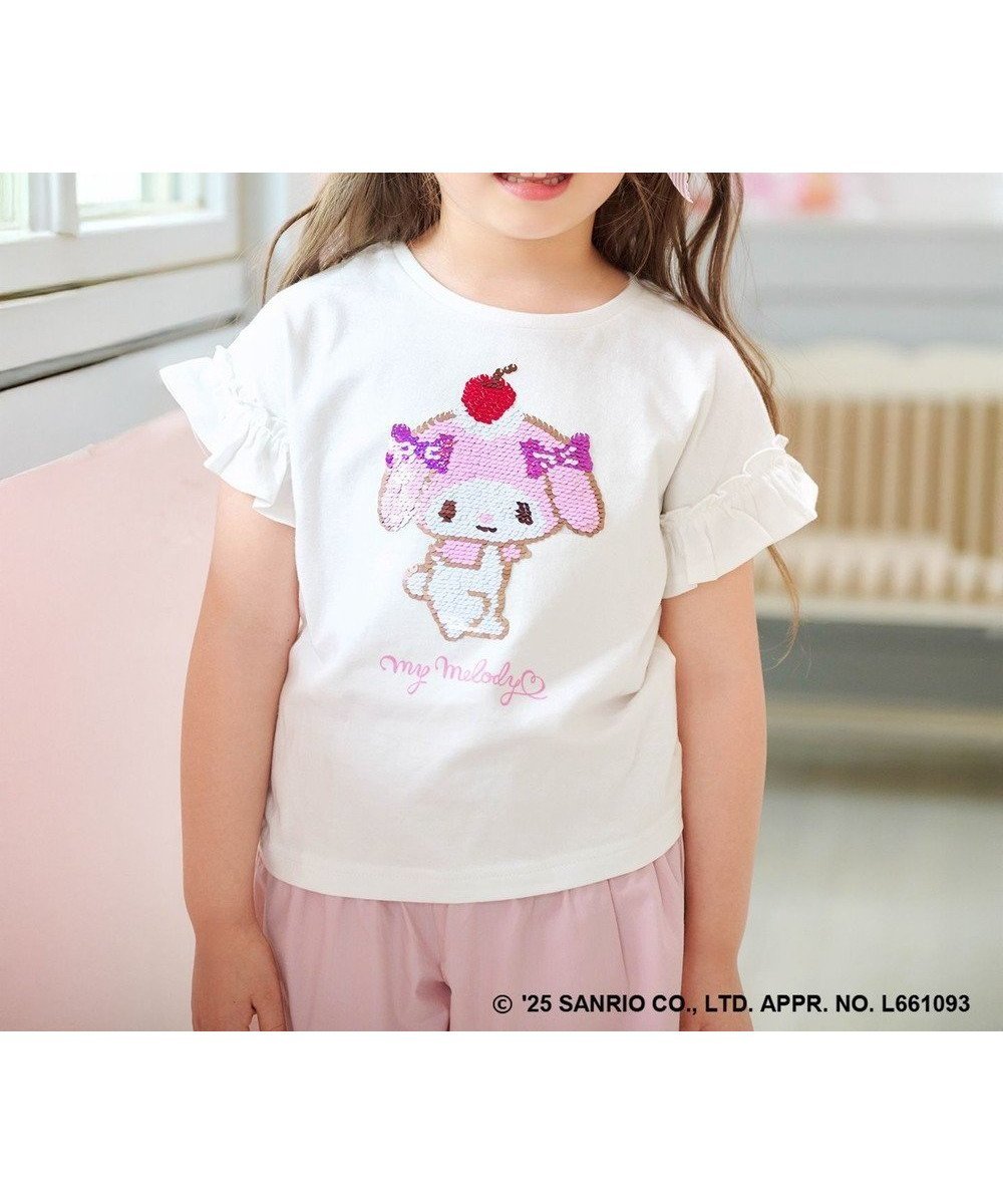 【エニィ/ANY / KIDS】の【any FAM ×サンリオキャラクターズ】ミラクルスパンコール Tシャツ インテリア・キッズ・メンズ・レディースファッション・服の通販 founy(ファニー) 　ファッション　Fashion　キッズファッション　Fashion for Kids　トップス・カットソー　Cut & Sew Tops　春　Spring　洗える　Machine Washable　カットソー　Cut and Sewn Top　ガーリー　Girly, Feminine Style　キャラクター　Character, Licensed Characters　キュロット　Culottes, Wide Shorts　スパンコール　Sequins, Sequin Embellishment　スリーブ　Sleeve, Long Sleeve / Short Sleeve　ネックレス　Necklace, Pendant Necklace　フリル　Frill, Ruffle　S/S・春夏　SS, Spring/Summer, Warm Season　おすすめ　Recommended / Our Picks　夏　Summer　マイメロディ×オフホワイト|ID: prp329100004601702 ipo3291000000035614697