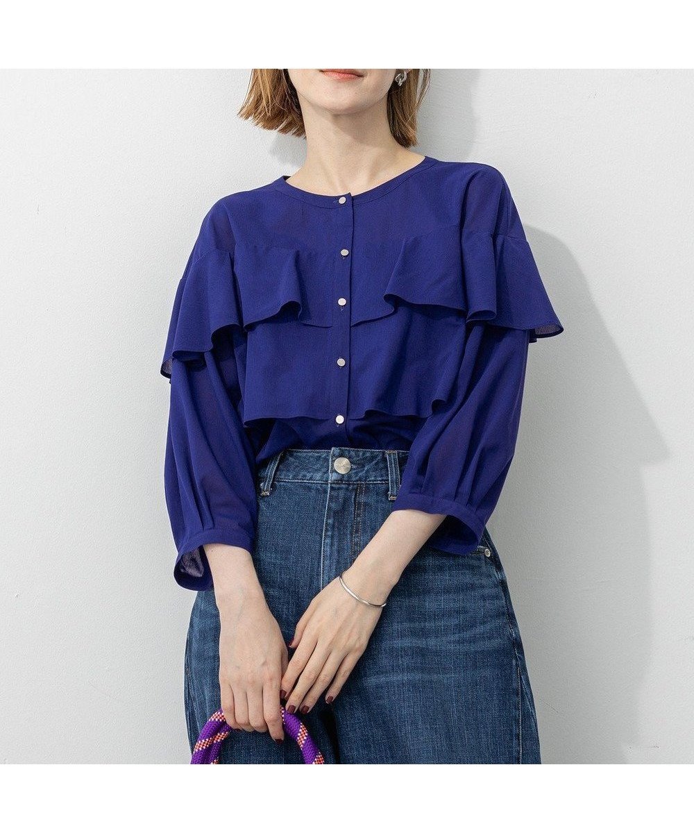 【23区/NIJYUSANKU】の【先行予約/洗える】クリアトリコットジャージー フリルデザイン カットソー インテリア・キッズ・メンズ・レディースファッション・服の通販 founy(ファニー) 　ファッション　Fashion　レディースファッション　Fashion for Women　トップス・カットソー　Cut & Sew Tops　シャツ・ブラウス・オフィスカジュアル　Elegant Blouses & Button-Ups　ロングTシャツ・Tシャツ　Longline T-Shirts & Tees　カットソー・ベーシックTシャツ　Cut-and-Sewn Tops / Stretch Tees & Basics　エレガント 上品　Elegant　春　Spring　洗える　Machine Washable　カットソー　Cut and Sewn Top　ギャザー　Gathered, Ruffled　ドッキング　Docking, Mixed Material　フォルム　Silhouette, Form　フリル　Frill, Ruffle　S/S・春夏　SS, Spring/Summer, Warm Season　新作・新入荷　New Arrivals / New In　夏　Summer　2025年　2025　2025-2026秋冬・A/W　Autumn/Winter 2025–26 AW25–26　ブルー系|ID: prp329100004602190 ipo3291000000032721908