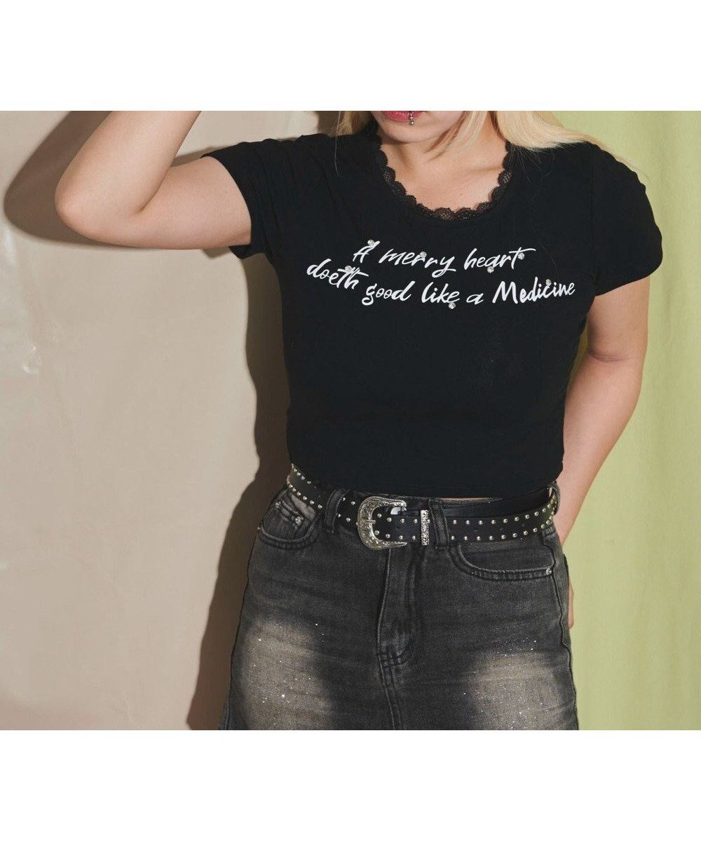 【ウィゴー/WEGO】のレースロゴスタッズT インテリア・キッズ・メンズ・レディースファッション・服の通販 founy(ファニー) 　ファッション　Fashion　レディースファッション　Fashion for Women　トップス・カットソー　Cut & Sew Tops　シャツ・ブラウス・オフィスカジュアル　Elegant Blouses & Button-Ups　ロングTシャツ・Tシャツ　Longline T-Shirts & Tees　カットソー・ベーシックTシャツ　Cut-and-Sewn Tops / Stretch Tees & Basics　新作・新入荷　New Arrivals / New In　おすすめ　Recommended / Our Picks　カットソー　Cut and Sewn Top　シンプル　Simple, Minimal　スマホ　Smartphone, Mobile Device　トレンド　Trend, Trending Now　レース　Lace, Lace Fabric　ロング　Long, Long-Length　半袖　Short Sleeve, Half Sleeve　夏　Summer　定番　Standard, Basic Item　春　Spring　S/S・春夏　SS, Spring/Summer, Warm Season　ブラック|ID: prp329100004603027 ipo3291000000032735089
