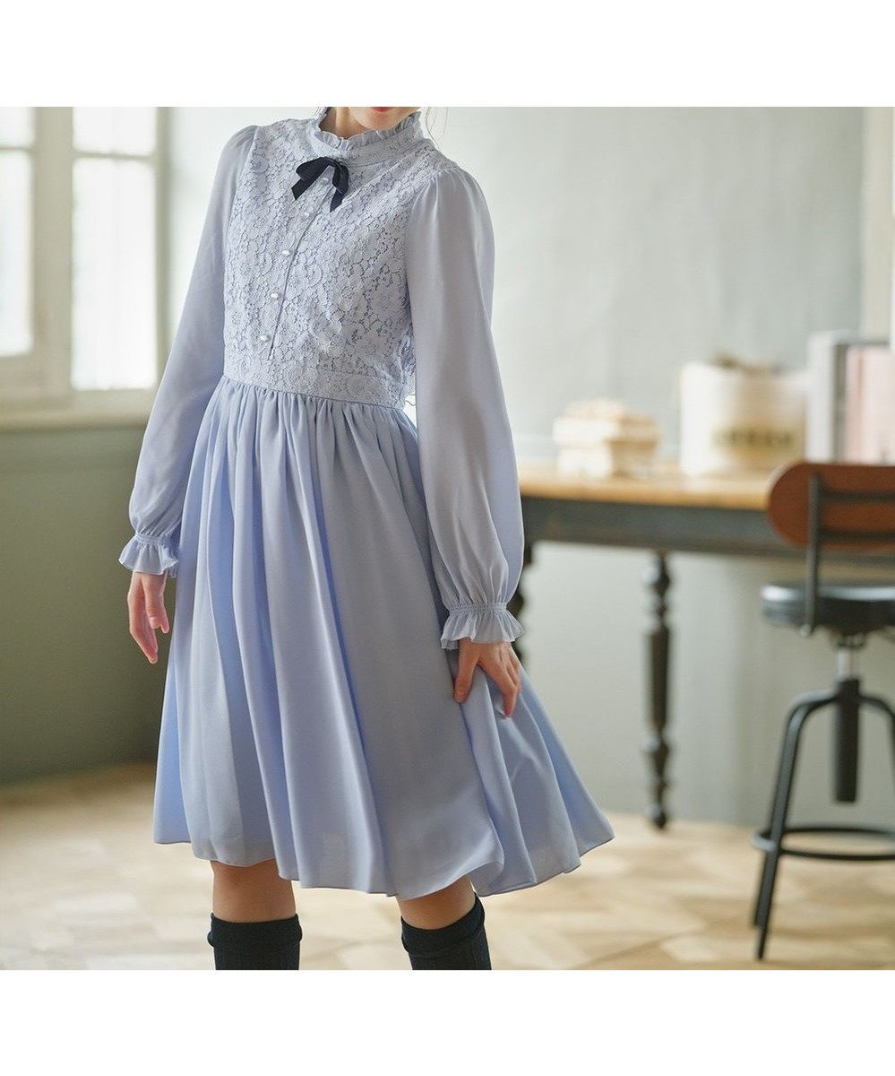 【組曲 / KIDS/KUMIKYOKU】の【150-170㎝】レースシフォン ワンピース インテリア・キッズ・メンズ・レディースファッション・服の通販 founy(ファニー) 　ファッション　Fashion　キッズファッション　Fashion for Kids　ワンピース　Dresses　ギャザー　Gathered, Ruffled　コレクション　Collection, Seasonal Line　シフォン　Chiffon, Lightweight Fabric　ジャケット　Jacket, Outerwear　ジョーゼット　Georgette, Semi-Sheer Fabric　スタンド　Stand Collar, Upright Stand　セレモニー　Ceremony　ドッキング　Docking, Mixed Material　ブローチ　Brooch, Pin Brooch　ラウンド　Round, Round Neck　リボン　Ribbon, Bow　レース　Lace, Lace Fabric　エレガント 上品　Elegant　切替　Switching, Contrast Panel　夏　Summer　春　Spring　S/S・春夏　SS, Spring/Summer, Warm Season　サックスブルー系|ID: prp329100004604162 ipo3291000000034187940