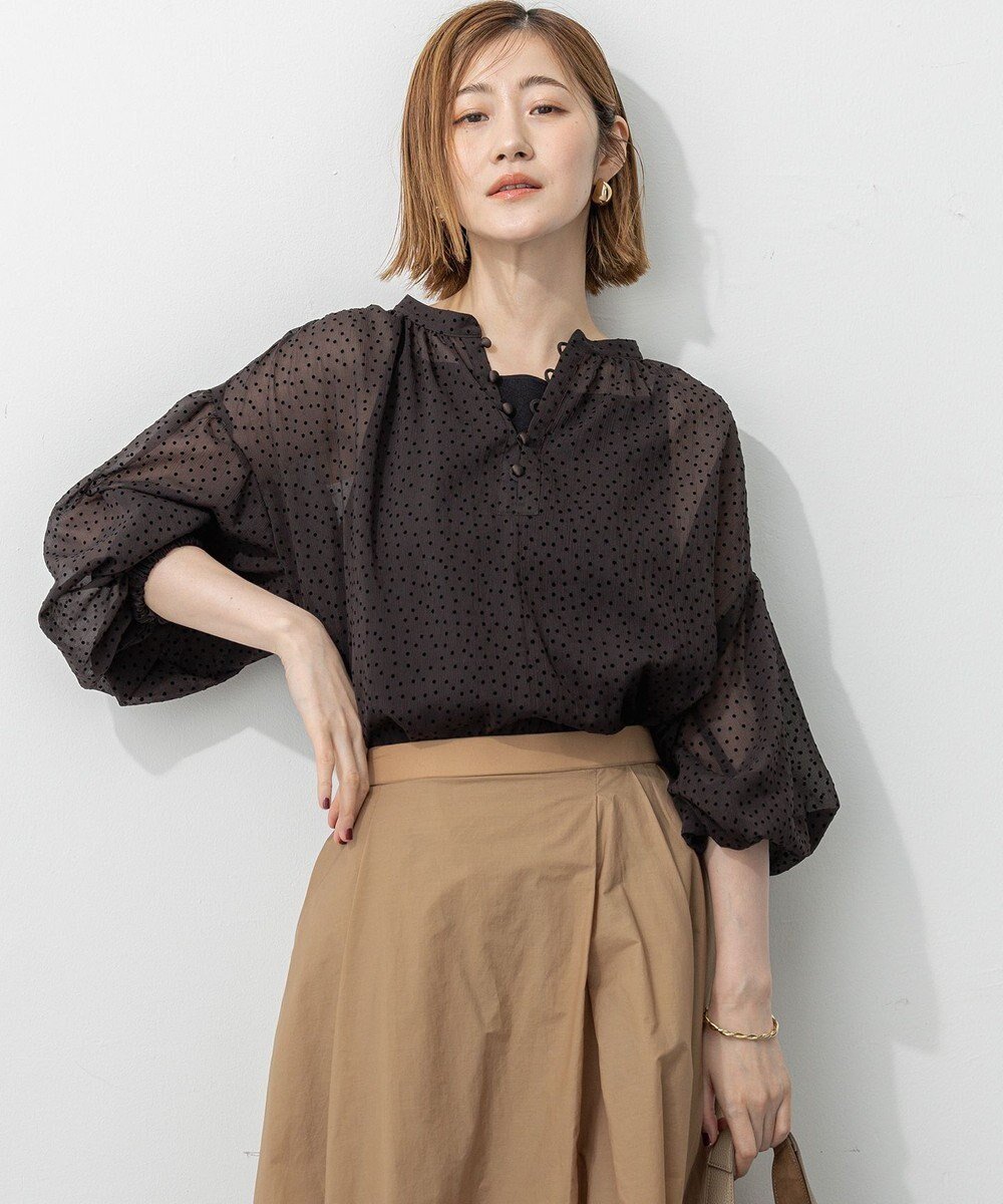 【23区/NIJYUSANKU】の【洗える】ドットフロッキー ボリュームスリーブ ブラウス インテリア・キッズ・メンズ・レディースファッション・服の通販 founy(ファニー) 　ファッション　Fashion　レディースファッション　Fashion for Women　トップス・カットソー　Cut & Sew Tops　シャツ・ブラウス・オフィスカジュアル　Elegant Blouses & Button-Ups　ボリューム袖・フリルスリーブブラウス　Voluminous & Ruffle Sleeves / Puffy Sleeve Tops　2025年　2025　2025-2026秋冬・A/W　Autumn/Winter 2025–26 AW25–26　シンプル　Simple, Minimal　スリーブ　Sleeve, Long Sleeve / Short Sleeve　ドット　Polka Dot, Dot Pattern　フロント　Front, Front Design　ボトム　Bottoms, Lower Wear　エレガント 上品　Elegant　洗える　Machine Washable　秋　Autumn　A/W・秋冬　Autumn/Winter　ダークブラウン系|ID: prp329100004610139 ipo3291000000033352483