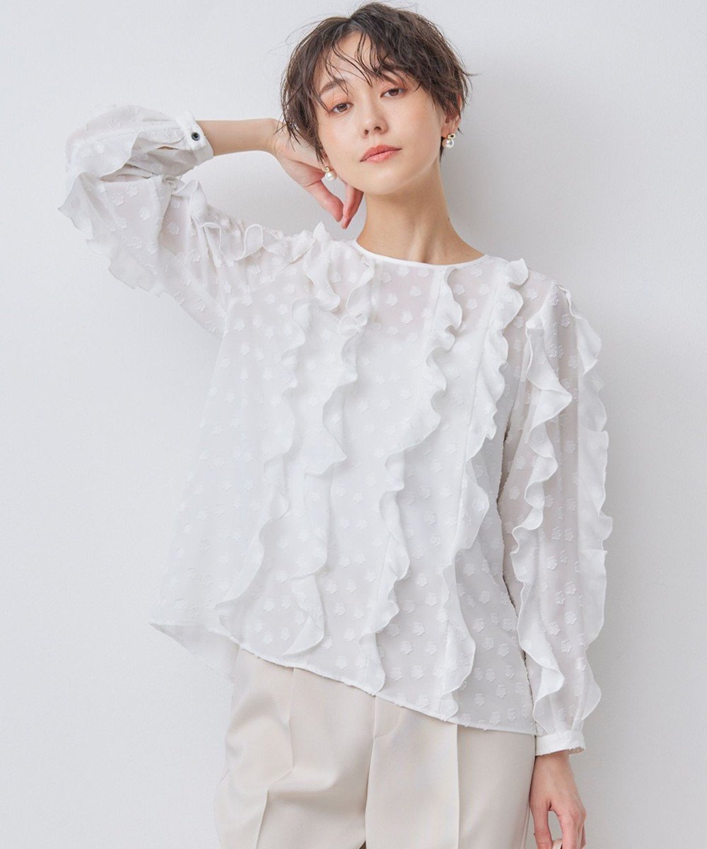 【組曲/KUMIKYOKU】のフラワーポイントシフォン ブラウス 人気、トレンドファッション・服の通販 founy(ファニー) 　ファッション　Fashion　レディースファッション　Fashion for Women　トップス・カットソー　Cut & Sew Tops　シャツ・ブラウス・オフィスカジュアル　Elegant Blouses & Button-Ups　カットジャガード　Cut Jacquard　シフォン　Chiffon, Lightweight Fabric　シンプル　Simple, Minimal　デニム　Denim, Jeans Material　フラワー　Flower, Floral　モチーフ　Motif, Design Theme　エレガント 上品　Elegant　夏　Summer　春　Spring　S/S・春夏　SS, Spring/Summer, Warm Season　 other-1|ID: prp329100004610930 ipo3291000000033488530