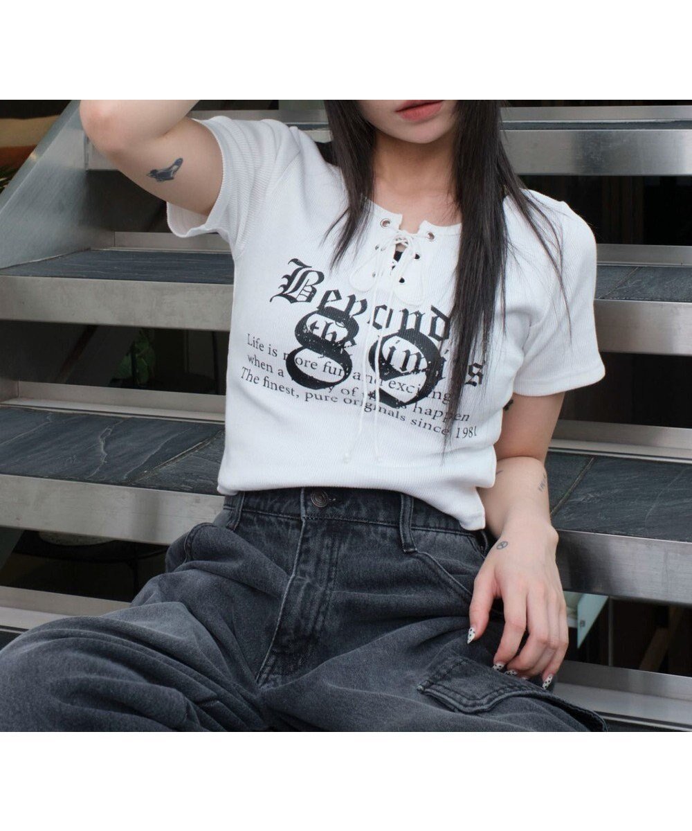 【ウィゴー/WEGO】のグラフィックレースアップちびT インテリア・キッズ・メンズ・レディースファッション・服の通販 founy(ファニー) 　ファッション　Fashion　レディースファッション　Fashion for Women　トップス・カットソー　Cut & Sew Tops　シャツ・ブラウス・オフィスカジュアル　Elegant Blouses & Button-Ups　ロングTシャツ・Tシャツ　Longline T-Shirts & Tees　カットソー・ベーシックTシャツ　Cut-and-Sewn Tops / Stretch Tees & Basics　春　Spring　カットソー　Cut and Sewn Top　カーゴパンツ　Cargo Pants, Utility Pants　グラフィック　Graphic, Graphic Design　ショート　Short, Short Length　スマホ　Smartphone, Mobile Device　トレンド　Trend, Trending Now　フリル　Frill, Ruffle　ボトム　Bottoms, Lower Wear　半袖　Short Sleeve, Half Sleeve　レース　Lace, Lace Fabric　S/S・春夏　SS, Spring/Summer, Warm Season　夏　Summer　柄2|ID: prp329100004611253 ipo3291000000033066129