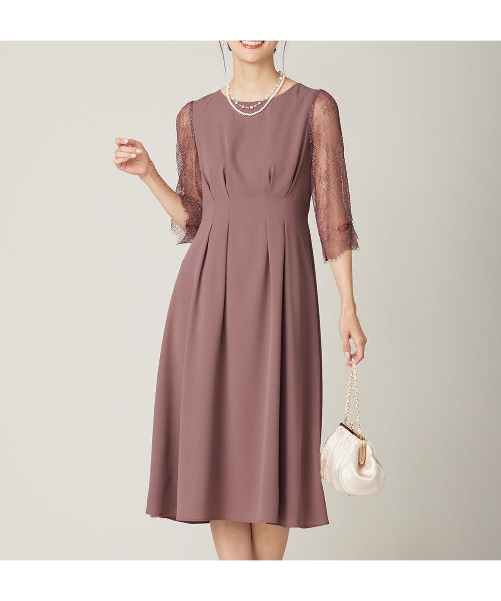 【エニィ スィス/any SiS】の【Lily Calin】レーススリーブタック ドレス インテリア・キッズ・メンズ・レディースファッション・服の通販 founy(ファニー) 　ファッション　Fashion　レディースファッション　Fashion for Women　ワンピース　Dresses　フォーマル・パーティードレス・結婚式用ドレス　Elegant & Casual Dresses　アクセサリー　Fashion Accessories　シンプル　Simple, Minimal　ジョーゼット　Georgette, Semi-Sheer Fabric　スカラップ　Scallop, Scalloped Edge　ドレス　Dress, One-Piece　ネックレス　Necklace, Pendant Necklace　パール　Pearl, Pearl Accent　フィット　Fit, Slim Fit　フレア　Flare, Flared　レース　Lace, Lace Fabric　エレガント 上品　Elegant　A/W・秋冬　Autumn/Winter　モカピンク|ID: prp329100004611812 ipo3291000000035165476