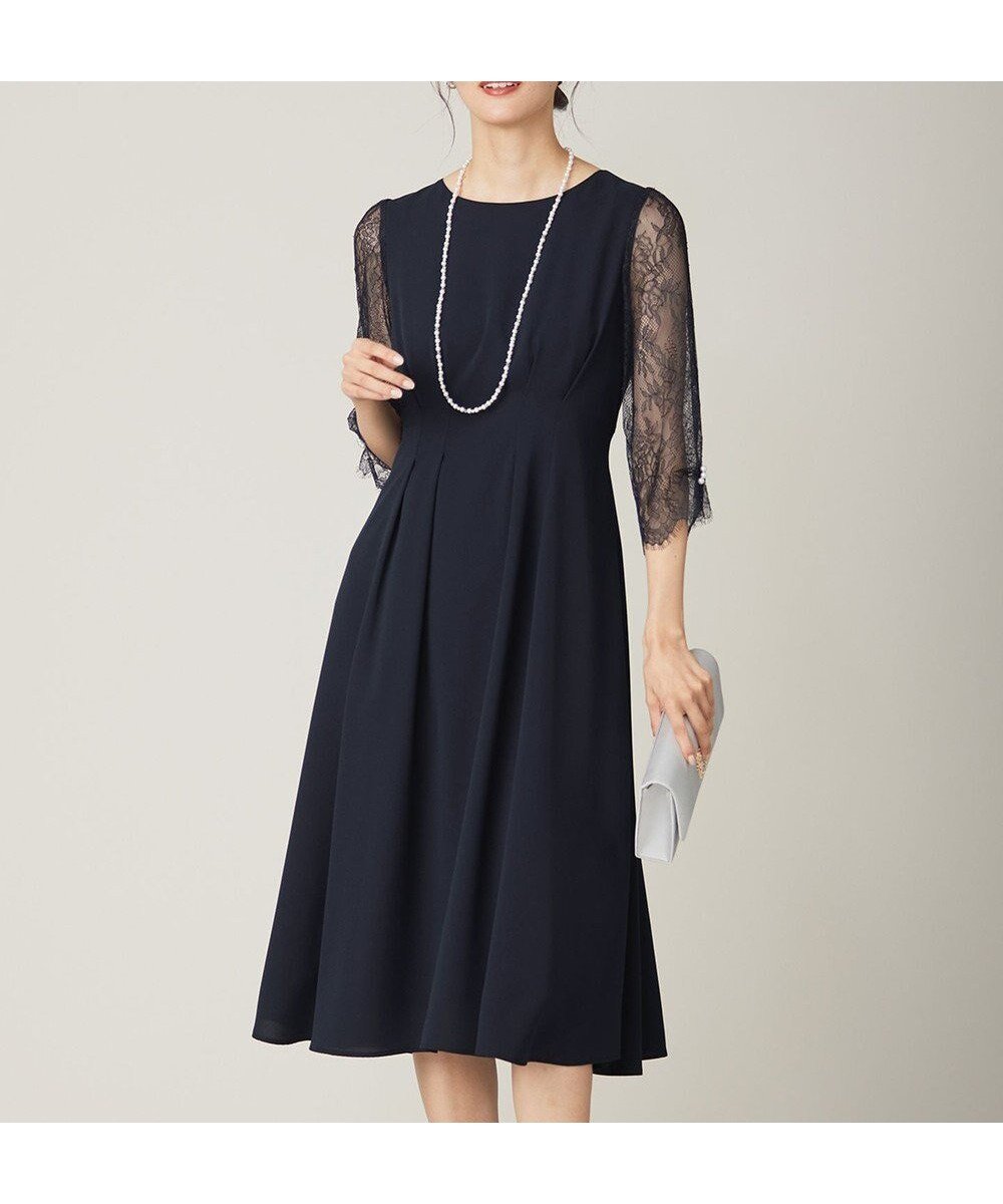 【エニィ スィス/any SiS】の【Lily Calin】レーススリーブタック ドレス インテリア・キッズ・メンズ・レディースファッション・服の通販 founy(ファニー) 　ファッション　Fashion　レディースファッション　Fashion for Women　ワンピース　Dresses　フォーマル・パーティードレス・結婚式用ドレス　Elegant & Casual Dresses　アクセサリー　Fashion Accessories　シンプル　Simple, Minimal　ジョーゼット　Georgette, Semi-Sheer Fabric　スカラップ　Scallop, Scalloped Edge　ドレス　Dress, One-Piece　ネックレス　Necklace, Pendant Necklace　パール　Pearl, Pearl Accent　フィット　Fit, Slim Fit　フレア　Flare, Flared　レース　Lace, Lace Fabric　エレガント 上品　Elegant　A/W・秋冬　Autumn/Winter　ネイビー|ID: prp329100004611812 ipo3291000000035165477
