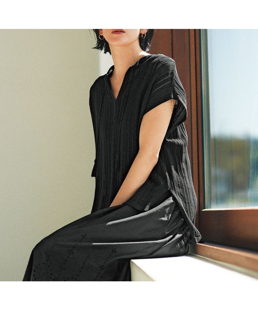 【自由区/JIYU-KU】の【カタログ掲載・セットアップ対応・洗える】シアーコイルプルオーバー ニット インテリア・キッズ・メンズ・レディースファッション・服の通販 founy(ファニー) 　ファッション　Fashion　レディースファッション　Fashion for Women　トップス・カットソー　Cut & Sew Tops　ニット　Knit Tops & Sweaters　カジュアルプルオーバー・ニットトップス　Pullovers & Knit Tops / Casual Pullovers　セットアップ　Matching Sets　レディーストップス・ブラウス　Tops & Blouses / Assorted Women's Tops　おすすめ　Recommended / Our Picks　アイレット　Eyelet Lace　シンプル　Simple, Minimal　セットアップ　Set-Up, Coordinated Outfit　セーター　Sweater, Knitwear　タッセル　Tassel, Fringe　ベスト　Vest, Waistcoat　モザイク　Mosaic, Geometric Pattern　エレガント 上品　Elegant　夏　Summer　春　Spring　S/S・春夏　SS, Spring/Summer, Warm Season　洗える　Machine Washable　透かし　Cut-Out, Lacework　ブラック|ID: prp329100004613681 ipo3291000000034745598