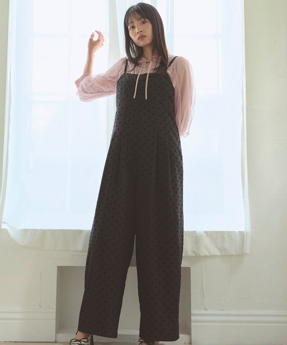 【フェルゥ/Feroux】のドットフロッキー ロンパース インテリア・キッズ・メンズ・レディースファッション・服の通販 founy(ファニー) 　ファッション　Fashion　レディースファッション　Fashion for Women　ワンピース　Dresses　オールインワン・ワンピース　Dresses and Jumpsuits　サロペット&オールインワン　Dungarees & Jumpsuit Styles　インナー　Innerwear　サロペット　Overalls, Salopette　ドット　Polka Dot, Dot Pattern　フェミニン　Feminine, Girly　ロンパース　Romper, Jumpsuit　ワイド　Wide, Wide Fit　秋　Autumn　A/W・秋冬　Autumn/Winter　ブラック系1|ID: prp329100004614219 ipo3291000000033931918