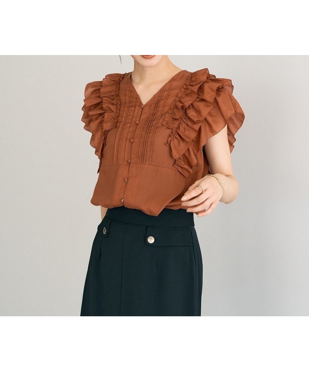 【イェッカ ヴェッカ/YECCA VECCA】のラッフルVネックブラウス インテリア・キッズ・メンズ・レディースファッション・服の通販 founy(ファニー) 　ファッション　Fashion　レディースファッション　Fashion for Women　トップス・カットソー　Cut & Sew Tops　シャツ・ブラウス・オフィスカジュアル　Elegant Blouses & Button-Ups　Vネックトップス　V-Neck Tops / V-Cut Neckline Shirts　おすすめ　Recommended / Our Picks　ポケット　Pocket, Pocket Detail　ラッフル　Ruffle, Frill　A/W・秋冬　Autumn/Winter　Orange|ID: prp329100004614649 ipo3291000000033044192