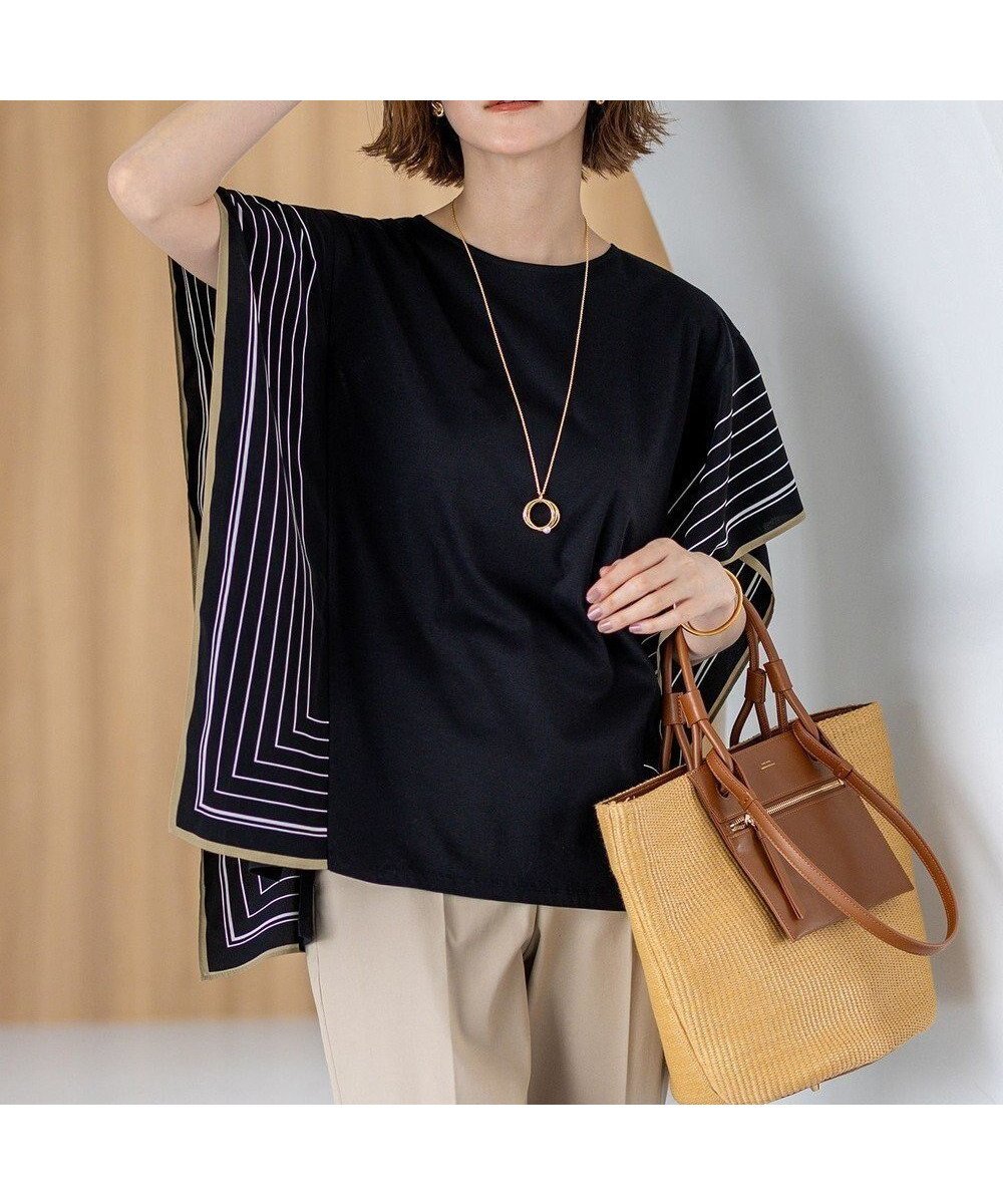 【23区/NIJYUSANKU】の【汗じみ防止加工】スカーフプリントコンビ フレンチスリーブ カットソー インテリア・キッズ・メンズ・レディースファッション・服の通販 founy(ファニー) ファッション Fashion レディースファッション Fashion for Women トップス・カットソー Cut & Sew Tops シャツ・ブラウス・オフィスカジュアル Elegant Blouses & Button-Ups ロングTシャツ・Tシャツ Longline T-Shirts & Tees カットソー・ベーシックTシャツ Cut-and-Sewn Tops / Stretch Tees & Basics 秋 Autumn カットソー Cut and Sewn Top コンビ Combo, Combination Style シンプル Simple, Minimal スカーフ Scarf, Neckwear スリーブ Sleeve, Long Sleeve / Short Sleeve チュニック Tunic, Long Top フレンチ French, French Style プリント Print, Printed Pattern ボトム Bottoms, Lower Wear A/W・秋冬 Autumn/Winter エレガント 上品 Elegant 2025年 2025 2025-2026秋冬・A/W Autumn/Winter 2025–26 AW25–26 ブラック×ベージュ|ID: prp329100004614701 ipo3291000000035574978