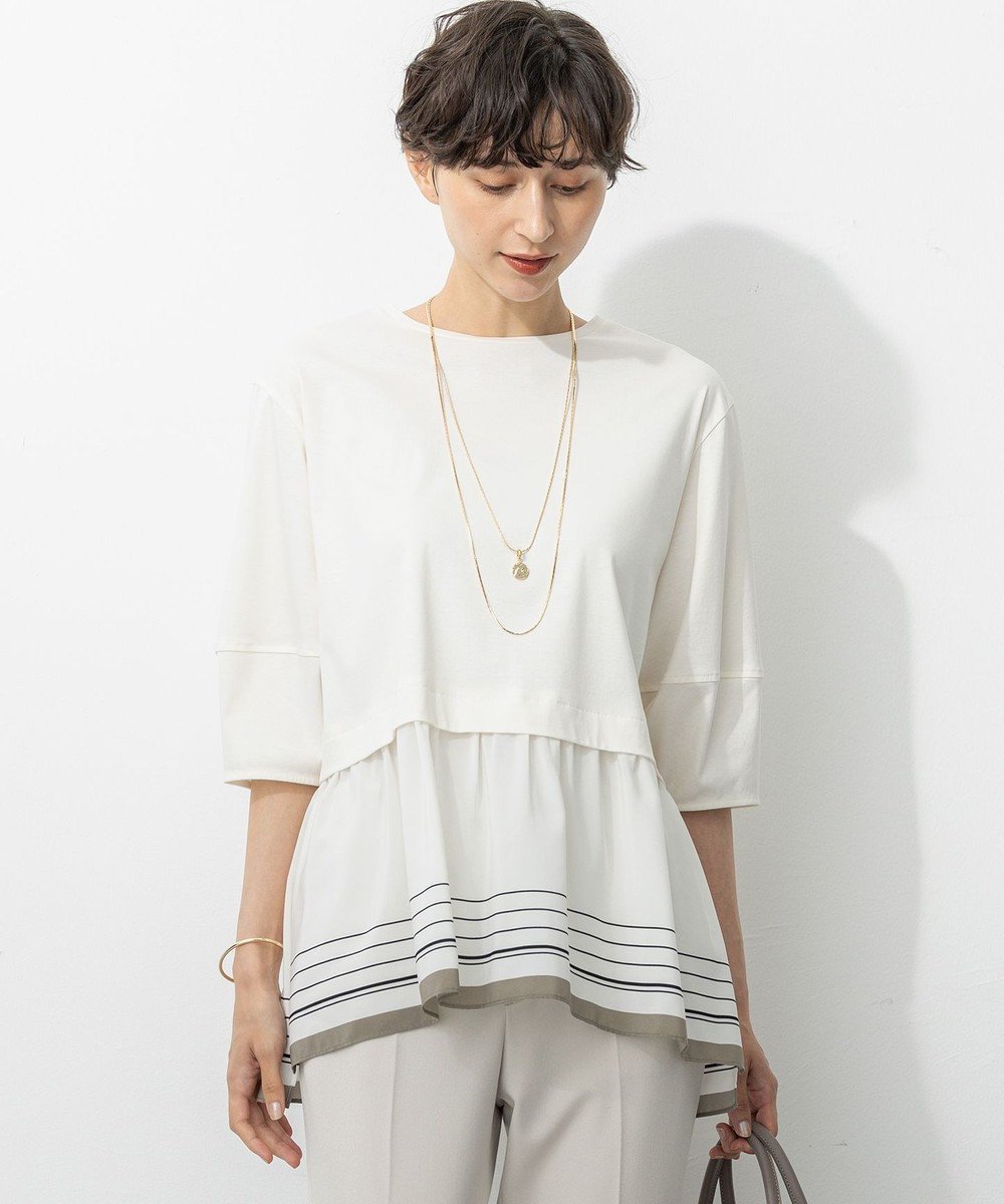 【23区/NIJYUSANKU】の【汗じみ防止加工】スカーフプリントコンビ ヘムデザイン チュニック インテリア・キッズ・メンズ・レディースファッション・服の通販 founy(ファニー) 　ファッション　Fashion　レディースファッション　Fashion for Women　トップス・カットソー　Cut & Sew Tops　シャツ・ブラウス・オフィスカジュアル　Elegant Blouses & Button-Ups　ロングTシャツ・Tシャツ　Longline T-Shirts & Tees　カットソー・ベーシックTシャツ　Cut-and-Sewn Tops / Stretch Tees & Basics　秋　Autumn　カットソー　Cut and Sewn Top　コンビ　Combo, Combination Style　スカーフ　Scarf, Neckwear　スリット　Slit, Slit Detail　スリーブ　Sleeve, Long Sleeve / Short Sleeve　チュニック　Tunic, Long Top　フレンチ　French, French Style　プリント　Print, Printed Pattern　A/W・秋冬　Autumn/Winter　エレガント 上品　Elegant　2025年　2025　2025-2026秋冬・A/W　Autumn/Winter 2025–26 AW25–26　アイボリー×ライトカーキ|ID: prp329100004614704 ipo3291000000035636180