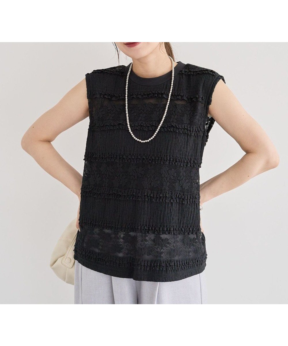 【グリーンパークス/Green Parks】の・SUGAR SPOON フリルレースノースリーブ インテリア・キッズ・メンズ・レディースファッション・服の通販 founy(ファニー) 　ファッション　Fashion　レディースファッション　Fashion for Women　トップス・カットソー　Cut & Sew Tops　キャミソール&ノースリーブ　Camisoles & Sleeveless Tops　シャツ・ブラウス・オフィスカジュアル　Elegant Blouses & Button-Ups　ロングTシャツ・Tシャツ　Longline T-Shirts & Tees　カットソー・ベーシックTシャツ　Cut-and-Sewn Tops / Stretch Tees & Basics　カットソー　Cut and Sewn Top　シアー　Sheer, See-Through　ノースリーブ　Sleeveless, No-Sleeve　フェミニン　Feminine, Girly　フリル　Frill, Ruffle　ポケット　Pocket, Pocket Detail　レース　Lace, Lace Fabric　A/W・秋冬　Autumn/Winter　Black|ID: prp329100004615339 ipo3291000000033354151