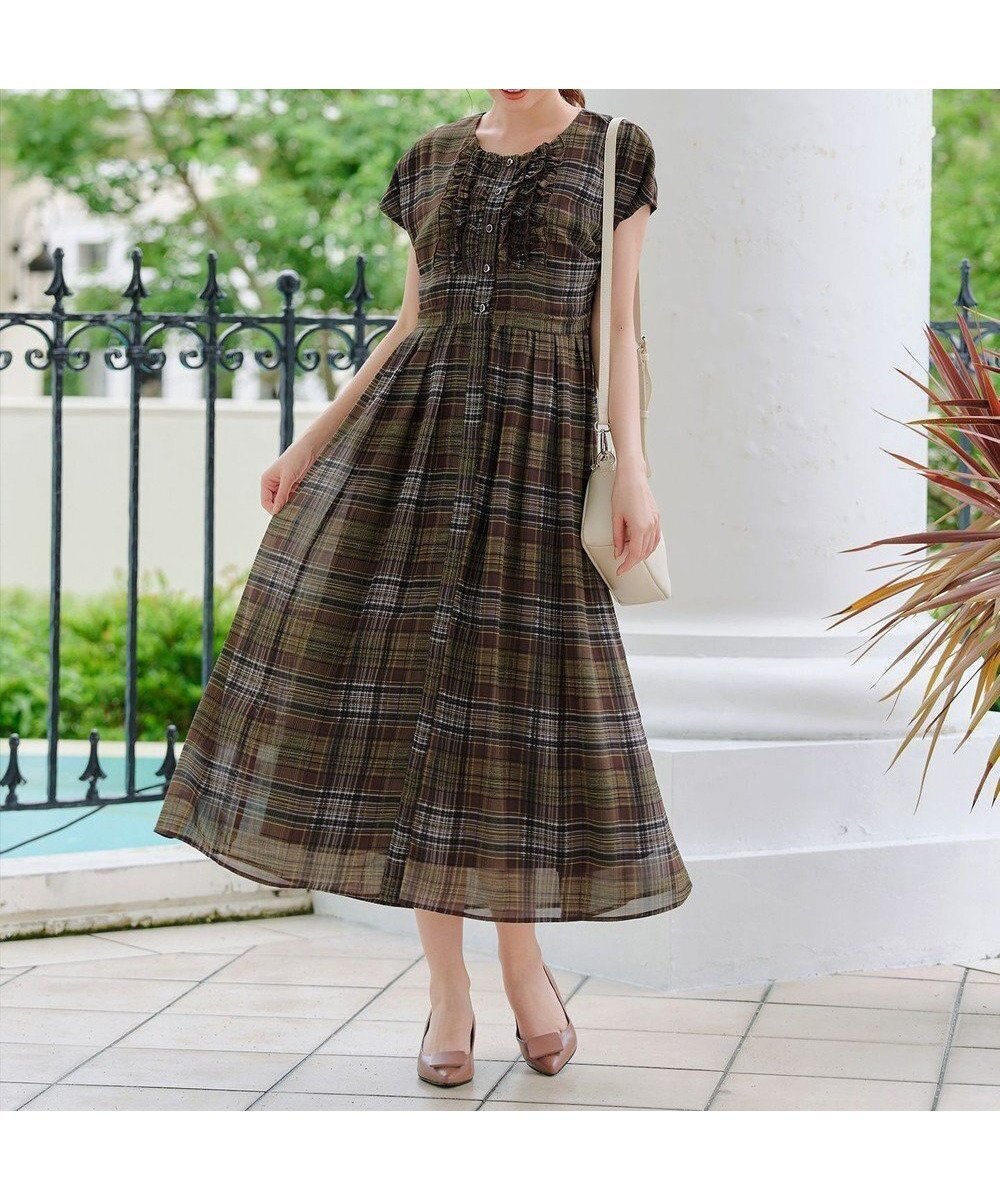 【ティアクラッセ/Tiaclasse】の【洗える】フリルワンピース インテリア・キッズ・メンズ・レディースファッション・服の通販 founy(ファニー) 　ファッション　Fashion　レディースファッション　Fashion for Women　ワンピース　Dresses　アクセサリー　Fashion Accessories　ウォッシャブル　Machine Washable　春　Spring　洗える　Machine Washable　秋　Autumn　カーディガン　Cardigan, Knitwear　クラシカル　Classical, Vintage-Inspired　シアー　Sheer, See-Through　シフォン　Chiffon, Lightweight Fabric　チェック　Check, Plaid, Tartan　チュニック　Tunic, Long Top　フィット　Fit, Slim Fit　フェミニン　Feminine, Girly　フリル　Frill, Ruffle　フレア　Flare, Flared　フロント　Front, Front Design　ポケット　Pocket, Pocket Detail　マキシ　Maxi, Full Length　無地　Plain, Solid Color　ラウンド　Round, Round Neck　楽ちん　Easy Fit, Comfortable　冬　Winter / This Winter　S/S・春夏　SS, Spring/Summer, Warm Season　再入荷　Restock / Back in Stock　夏　Summer　エレガント 上品　Elegant　新作・新入荷　New Arrivals / New In　ブラウンチェック|ID: prp329100004617025 ipo3291000000036062864