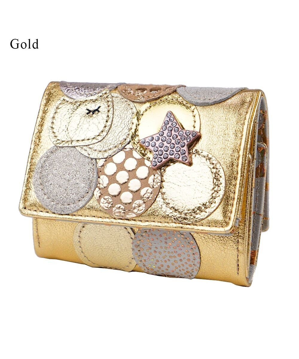 【ツモリチサト キャリー/tsumori chisato CARRY】の新マルチドット ミニ財布 3つ折り 【キラキラでかわいい!本革のやわらかな風合い】 インテリア・キッズ・メンズ・レディースファッション・服の通販 founy(ファニー) 　ファッション　Fashion　レディースファッション　Fashion for Women　ミニ財布・二つ折り財布　Wallets & Card Cases　エナメル　Patent Leather　ドット　Polka Dot, Dot Pattern　ネコ　Cat, Feline Motif　パッチワーク　Patchwork, Mixed Fabric　ビジュー　Bijou, Jewel-like Accent　プリント　Print, Printed Pattern　人気　Popular, Best Seller　定番　Standard, Basic Item　財布　Wallet, Purse　ゴールド|ID: prp329100004617634 ipo3291000000033089930