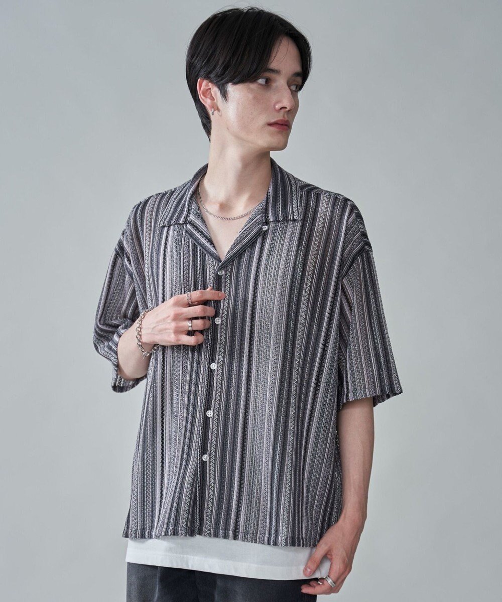 【ウィゴー/WEGO / MEN】のストライプメッシュBIGシャツ(SS) インテリア・キッズ・メンズ・レディースファッション・服の通販 founy(ファニー) 　ファッション　Fashion　メンズファッション　Fashion for Men　トップス・カットソー　Cut & Sew Tops　メンズシャツ　Shirts　春　Spring　カーゴパンツ　Cargo Pants, Utility Pants　シンプル　Simple, Minimal　ストライプ　Stripe, Striped Pattern　スマホ　Smartphone, Mobile Device　スラックス　Slacks, Dress Pants　透かし　Cut-Out, Lacework　デニム　Denim, Jeans Material　ビッグ　Big, Oversized　半袖　Short Sleeve, Half Sleeve　メッシュ　Mesh, Net Fabric　ルーズ　Loose, Oversized　S/S・春夏　SS, Spring/Summer, Warm Season　夏　Summer　グレー|ID: prp329100004618173 ipo3291000000033100278