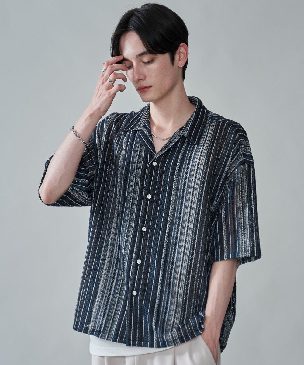 【ウィゴー/WEGO / MEN】のストライプメッシュBIGシャツ(SS) インテリア・キッズ・メンズ・レディースファッション・服の通販 founy(ファニー) 　ファッション　Fashion　メンズファッション　Fashion for Men　トップス・カットソー　Cut & Sew Tops　メンズシャツ　Shirts　春　Spring　カーゴパンツ　Cargo Pants, Utility Pants　シンプル　Simple, Minimal　ストライプ　Stripe, Striped Pattern　スマホ　Smartphone, Mobile Device　スラックス　Slacks, Dress Pants　透かし　Cut-Out, Lacework　デニム　Denim, Jeans Material　ビッグ　Big, Oversized　半袖　Short Sleeve, Half Sleeve　メッシュ　Mesh, Net Fabric　ルーズ　Loose, Oversized　S/S・春夏　SS, Spring/Summer, Warm Season　夏　Summer　ブラック中濃色|ID: prp329100004618173 ipo3291000000033100279