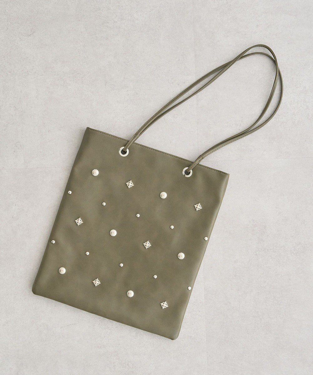 【グリーンパークス/Green Parks】のandmikka.スタッズ付A4トートバッグ インテリア・キッズ・メンズ・レディースファッション・服の通販 founy(ファニー) 　ファッション　Fashion　レディースファッション　Fashion for Women　バッグ　Bags　おすすめ　Recommended / Our Picks　スクエア　Square, Square Shape　スタイリッシュ　Stylish, Fashionable　スタッズ　Studs, Metal Accents　フェイクレザー　Faux Leather, PU Leather　フォルム　Silhouette, Form　エレガント 上品　Elegant　ビジネス 仕事 通勤　Business / Work / Commuting　Khaki|ID: prp329100004620573 ipo3291000000033145154