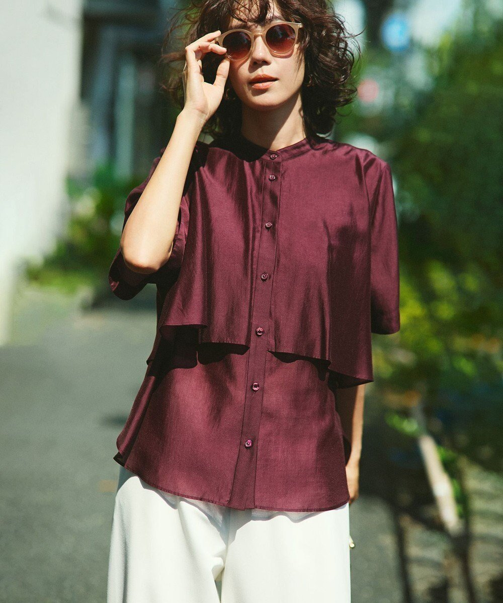 【アンフィーロ 自由区/UNFILO】の【接触冷感/洗える】シアー ヨークシャツ インテリア・キッズ・メンズ・レディースファッション・服の通販 founy(ファニー) 　ファッション　Fashion　レディースファッション　Fashion for Women　トップス・カットソー　Cut & Sew Tops　シャツ・ブラウス・オフィスカジュアル　Elegant Blouses & Button-Ups　春　Spring　洗える　Machine Washable　秋　Autumn　シアー　Sheer, See-Through　スタンド　Stand Collar, Upright Stand　チェック　Check, Plaid, Tartan　マニッシュ　Mannish, Boyish　無地　Plain, Solid Color　ヨーク　Yoke, Yoke Design　S/S・春夏　SS, Spring/Summer, Warm Season　夏　Summer　エレガント 上品　Elegant　ボルドー|ID: prp329100004622253 ipo3291000000033598969