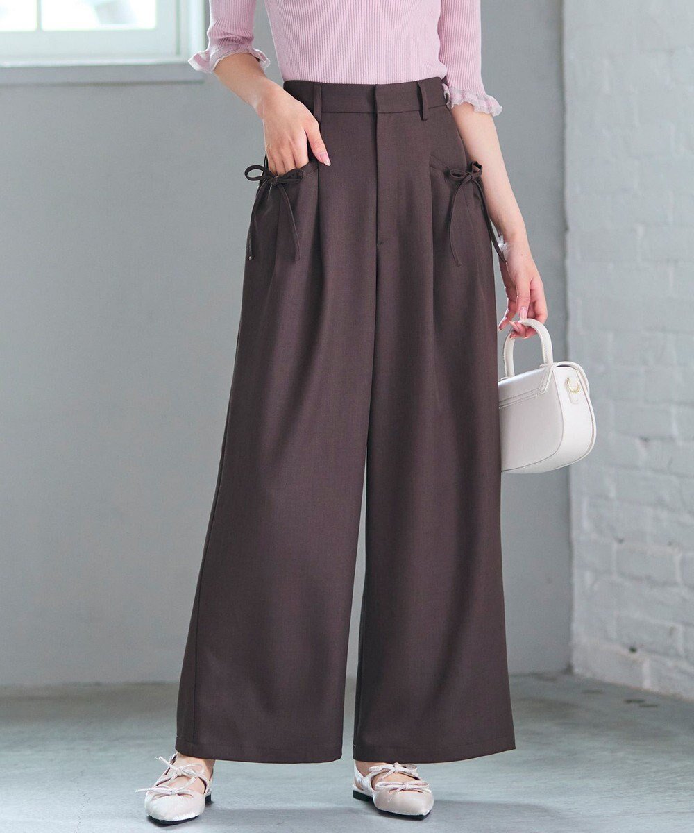 【フェルゥ/Feroux】のリボンディテール セミワイドパンツ インテリア・キッズ・メンズ・レディースファッション・服の通販 founy(ファニー) 　ファッション　Fashion　レディースファッション　Fashion for Women　パンツ　Pants & Trousers　おすすめ　Recommended / Our Picks　ジャケット　Jacket, Outerwear　フェミニン　Feminine, Girly　フロント　Front, Front Design　ベーシック　Basic, Essential　ポケット　Pocket, Pocket Detail　リブニット　Rib Knit, Ribbed Knit　リボン　Ribbon, Bow　ダークブラウン系|ID: prp329100004625654 ipo3291000000033235503