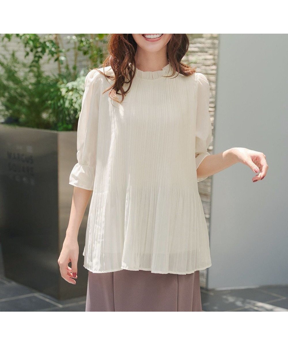【ティアクラッセ/Tiaclasse】の【前後2way・洗える】シアープリーツブラウス インテリア・キッズ・メンズ・レディースファッション・服の通販 founy(ファニー) 　ファッション　Fashion　レディースファッション　Fashion for Women　トップス・カットソー　Cut & Sew Tops　シャツ・ブラウス・オフィスカジュアル　Elegant Blouses & Button-Ups　アクセサリー　Fashion Accessories　春　Spring　洗える　Machine Washable　秋　Autumn　カーディガン　Cardigan, Knitwear　シアー　Sheer, See-Through　スリーブ　Sleeve, Long Sleeve / Short Sleeve　チュニック　Tunic, Long Top　トレンド　Trend, Trending Now　ハーフ　Half, Half-Length　フレア　Flare, Flared　プリーツ　Pleats, Pleated　ポケット　Pocket, Pocket Detail　半袖　Short Sleeve, Half Sleeve　リボン　Ribbon, Bow　S/S・春夏　SS, Spring/Summer, Warm Season　再入荷　Restock / Back in Stock　夏　Summer　エレガント 上品　Elegant　新作・新入荷　New Arrivals / New In　ビジネス 仕事 通勤　Business / Work / Commuting　オフホワイト|ID: prp329100004625670 ipo3291000000033235658