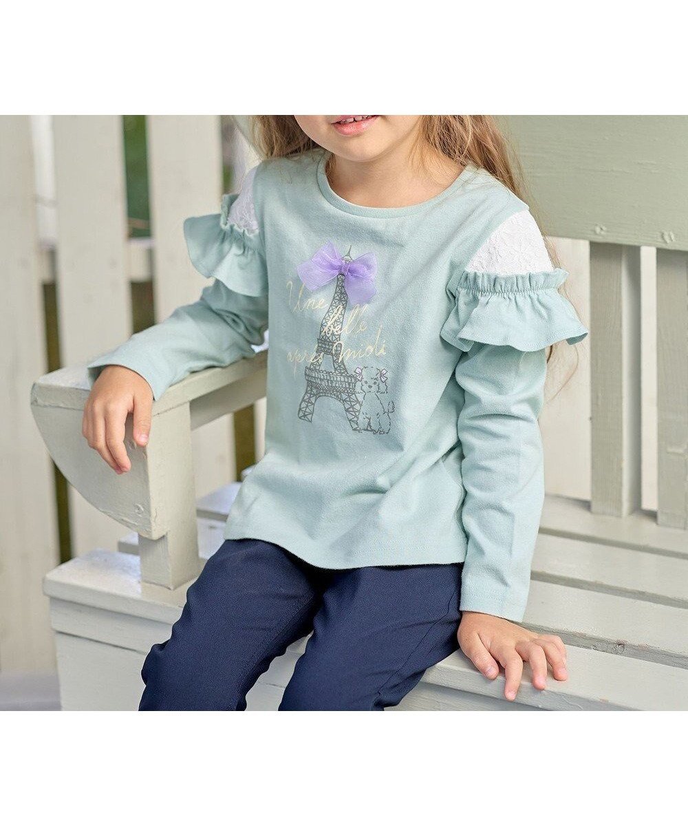 【エニィ/ANY / KIDS】のフレンチモチーフ 長袖 Tシャツ インテリア・キッズ・メンズ・レディースファッション・服の通販 founy(ファニー) 　ファッション　Fashion　キッズファッション　Fashion for Kids　トップス・カットソー　Cut & Sew Tops　おすすめ　Recommended / Our Picks　イラスト　Illustration　オーガンジー　Organza Fabric　カットソー　Cut and Sewn Top　シンプル　Simple, Minimal　フリル　Frill, Ruffle　フレンチ　French, French Style　ポケット　Pocket, Pocket Detail　モチーフ　Motif, Design Theme　リボン　Ribbon, Bow　レース　Lace, Lace Fabric　ロング　Long, Long-Length　夏　Summer　春　Spring　S/S・春夏　SS, Spring/Summer, Warm Season　長袖　Long Sleeve, Full Sleeve　ミント|ID: prp329100004631718 ipo3291000000035126241
