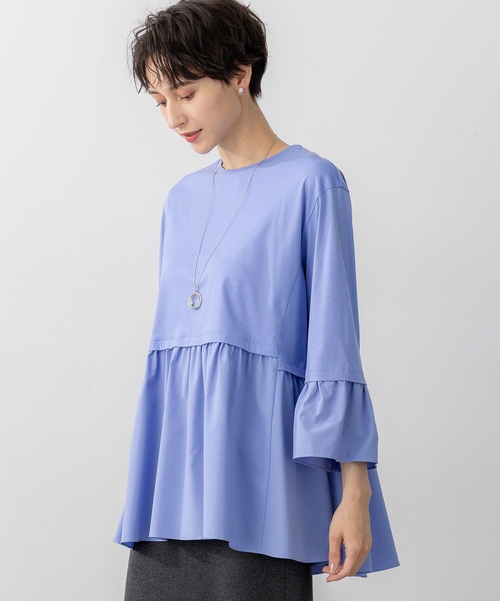 【23区/NIJYUSANKU】の【洗える】シルキータフタコンビ ペプラム カットソー インテリア・キッズ・メンズ・レディースファッション・服の通販 founy(ファニー) 　ファッション　Fashion　レディースファッション　Fashion for Women　トップス・カットソー　Cut & Sew Tops　シャツ・ブラウス・オフィスカジュアル　Elegant Blouses & Button-Ups　ロングTシャツ・Tシャツ　Longline T-Shirts & Tees　カットソー・ベーシックTシャツ　Cut-and-Sewn Tops / Stretch Tees & Basics　洗える　Machine Washable　カットソー　Cut and Sewn Top　コンビ　Combo, Combination Style　シンプル　Simple, Minimal　タフタ　Taffeta, Structured Fabric　チュニック　Tunic, Long Top　バランス　Balance, Style Balance　ペプラム　Peplum, Flared Hem　A/W・秋冬　Autumn/Winter　冬　Winter / This Winter　エレガント 上品　Elegant　2025年　2025　2025-2026秋冬・A/W　Autumn/Winter 2025–26 AW25–26　スカイブルー系|ID: prp329100004631812 ipo3291000000033332745