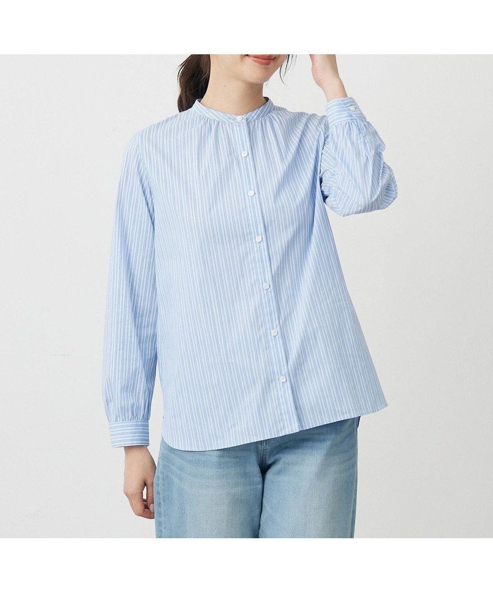 【ジェイ プレス/J.PRESS】のBEZ ドビーストライプ バンドカラー ブラウス インテリア・キッズ・メンズ・レディースファッション・服の通販 founy(ファニー) 　ファッション　Fashion　レディースファッション　Fashion for Women　トップス・カットソー　Cut & Sew Tops　シャツ・ブラウス・オフィスカジュアル　Elegant Blouses & Button-Ups　ギャザー　Gathered, Ruffled　ストライプ　Stripe, Striped Pattern　チュニック　Tunic, Long Top　パープル　Purple, Violet　A/W・秋冬　Autumn/Winter　S/S・春夏　SS, Spring/Summer, Warm Season　夏　Summer　サックス系|ID: prp329100004635499 ipo3291000000034189545