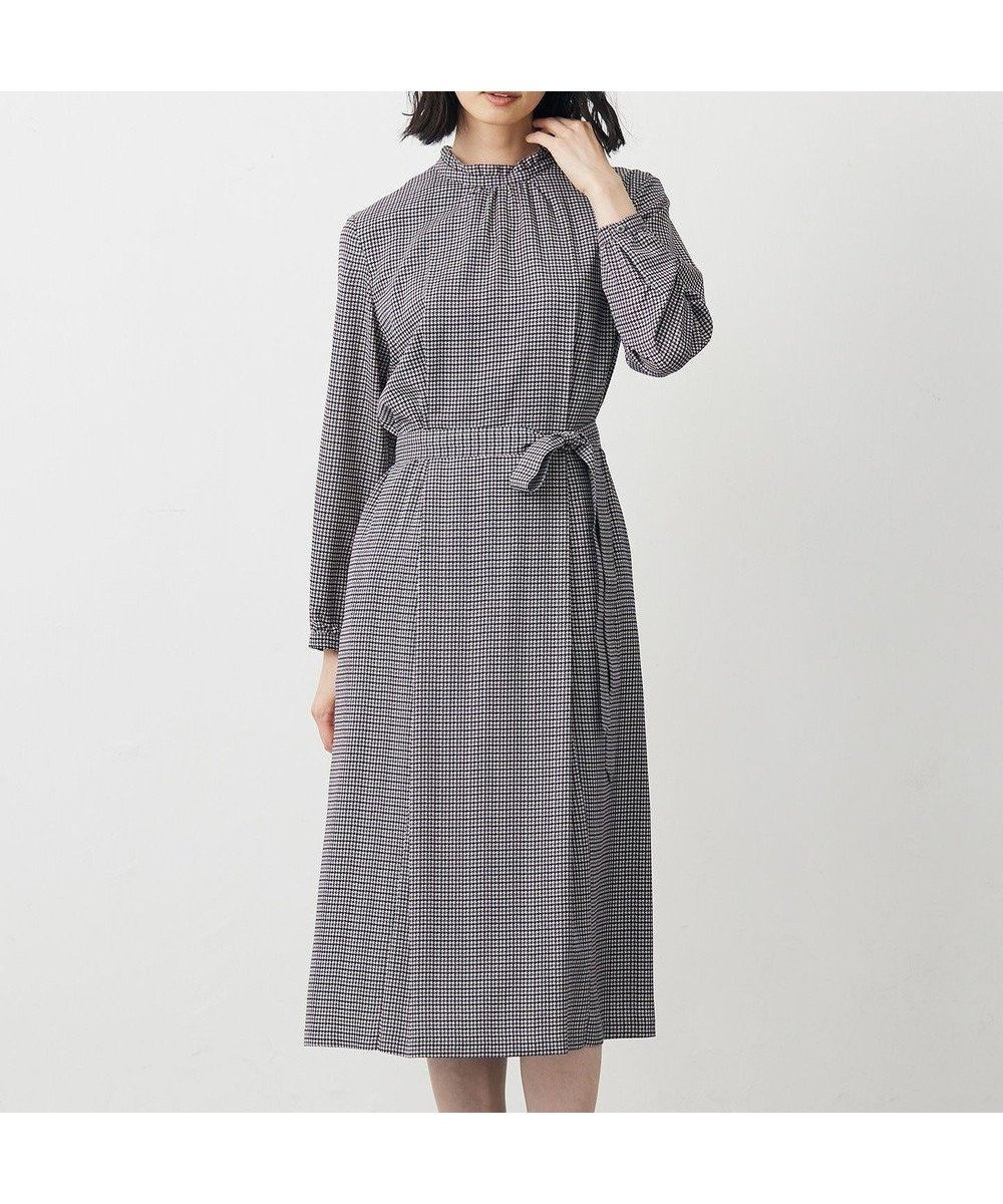 【ジェイ プレス/J.PRESS】のデシンハウンドトゥースプリント ワンピース インテリア・キッズ・メンズ・レディースファッション・服の通販 founy(ファニー) 　ファッション　Fashion　レディースファッション　Fashion for Women　ワンピース　Dresses　クラシック　Classic, Timeless Style　スタンド　Stand Collar, Upright Stand　フィット　Fit, Slim Fit　フリル　Frill, Ruffle　プリント　Print, Printed Pattern　リボン　Ribbon, Bow　エレガント 上品　Elegant　秋　Autumn　A/W・秋冬　Autumn/Winter　ネイビー系|ID: prp329100004635501 ipo3291000000035604656