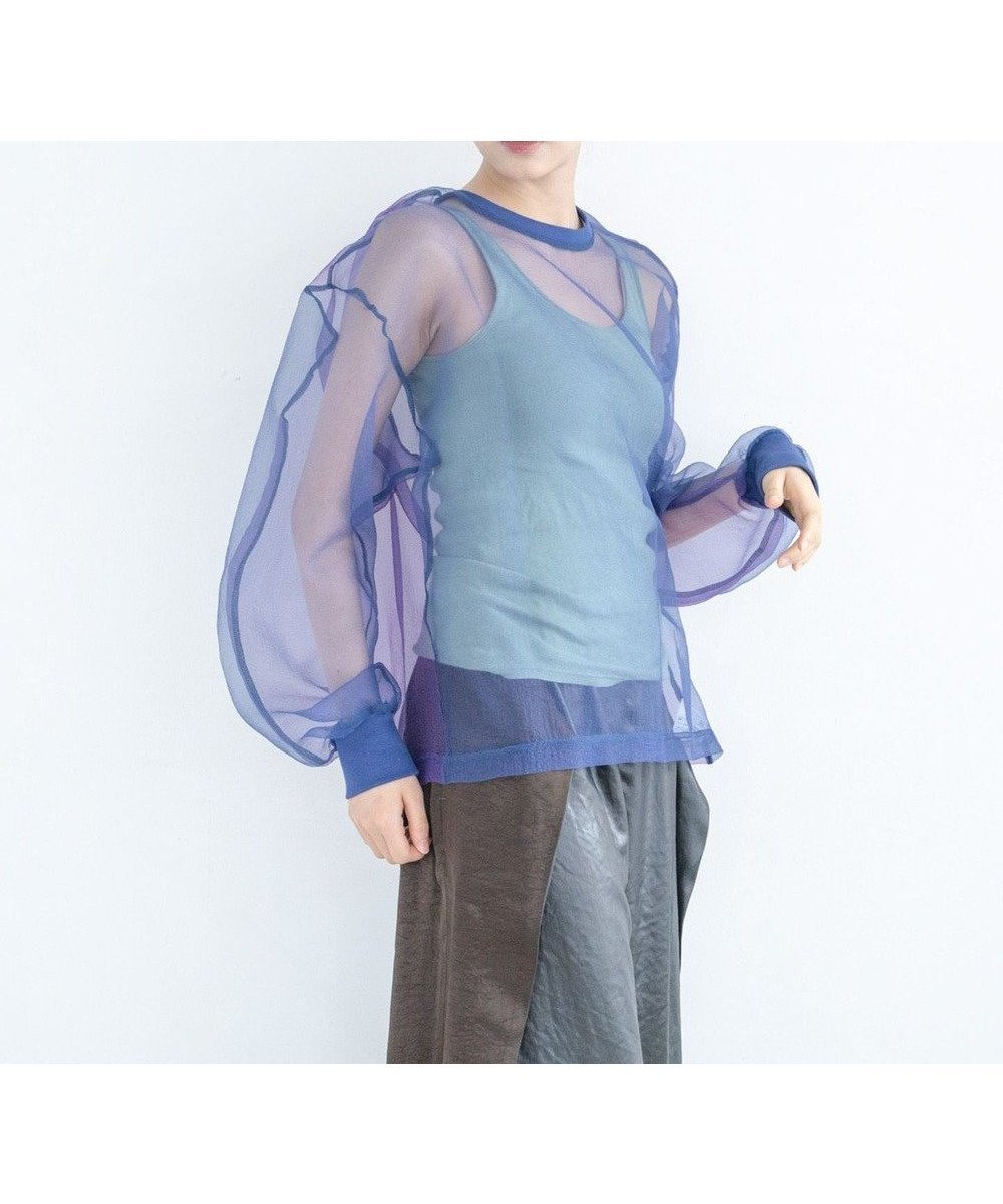 【コキュウ/COQ】の【透け素材/レイヤード】SHEER ORGANZA 2 シアープルオーバー インテリア・キッズ・メンズ・レディースファッション・服の通販 founy(ファニー) 　ファッション　Fashion　レディースファッション　Fashion for Women　トップス・カットソー　Cut & Sew Tops　シャツ・ブラウス・オフィスカジュアル　Elegant Blouses & Button-Ups　ロングTシャツ・Tシャツ　Longline T-Shirts & Tees　カジュアルプルオーバー・ニットトップス　Pullovers & Knit Tops / Casual Pullovers　カットソー・ベーシックTシャツ　Cut-and-Sewn Tops / Stretch Tees & Basics　オーガンジー　Organza Fabric　春　Spring　カットソー　Cut and Sewn Top　コレクション　Collection, Seasonal Line　定番　Standard, Basic Item　バランス　Balance, Style Balance　バルーン　Balloon, Balloon Silhouette　パターン　Pattern, Design Print　S/S・春夏　SS, Spring/Summer, Warm Season　犬　Dog　夏　Summer　ダークブルー|ID: prp329100004640983 ipo3291000000033463908