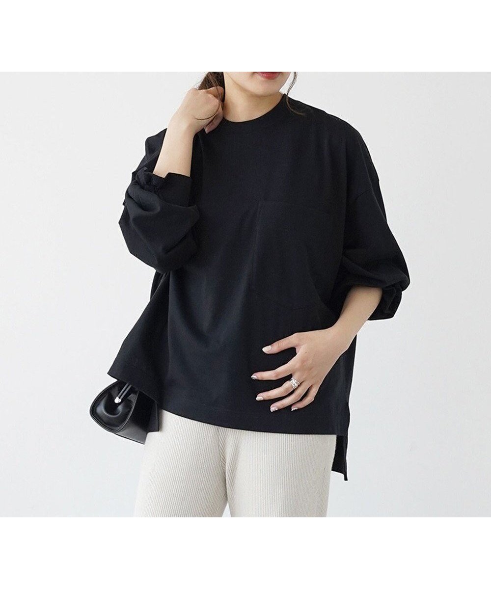 【ハーグ/HAAG】の【スマイルコットン/ソフトタッチ/洗濯機可】LONG SLEEVE SHIRTS カットソー インテリア・キッズ・メンズ・レディースファッション・服の通販 founy(ファニー) 　ファッション　Fashion　レディースファッション　Fashion for Women　トップス・カットソー　Cut & Sew Tops　シャツ・ブラウス・オフィスカジュアル　Elegant Blouses & Button-Ups　ロングTシャツ・Tシャツ　Longline T-Shirts & Tees　カットソー・ベーシックTシャツ　Cut-and-Sewn Tops / Stretch Tees & Basics　カットソー　Cut and Sewn Top　吸水　Absorbent, Quick-Dry　シャーリング　Shirring, Ruched　スリット　Slit, Slit Detail　タンブラー　Tumbler, Travel Mug　ボックス　Boxy, Box Shape　ポケット　Pocket, Pocket Detail　ロング　Long, Long-Length　A/W・秋冬　Autumn/Winter　S/S・春夏　SS, Spring/Summer, Warm Season　夏　Summer　ブラック|ID: prp329100004640996 ipo3291000000033464363