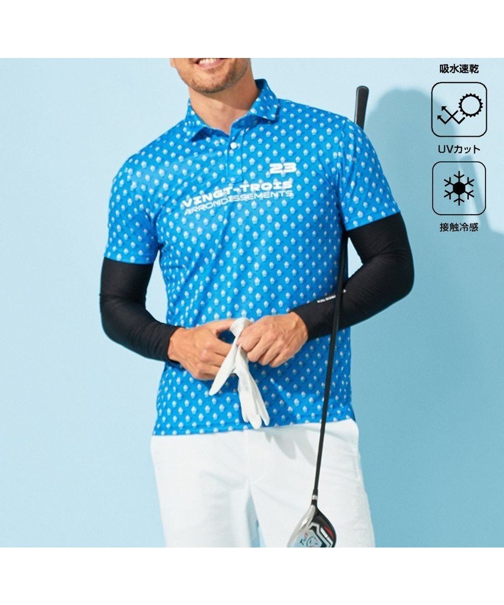 【23区 ゴルフ/23区GOLF / MEN】の【MEN】【接触冷感・UVケア・吸水速乾】アイス柄 ポロシャツ インテリア・キッズ・メンズ・レディースファッション・服の通販 founy(ファニー) 　ファッション　Fashion　メンズファッション　Fashion for Men　トップス・カットソー　Cut & Sew Tops　メンズシャツ　Shirts　ポロシャツ / きれいめカジュアルスタイル　Polo Shirts　春　Spring　吸水　Absorbent, Quick-Dry　シルバー　Silver, Metallic Silver　スポーティ　Sporty, Casual Athletic　フロント　Front, Front Design　ポロシャツ　Polo Shirt, Collared Tee　半袖　Short Sleeve, Half Sleeve　モチーフ　Motif, Design Theme　ラウンド　Round, Round Neck　S/S・春夏　SS, Spring/Summer, Warm Season　夏　Summer　ブルー系5|ID: prp329100004641664 ipo3291000000033474680