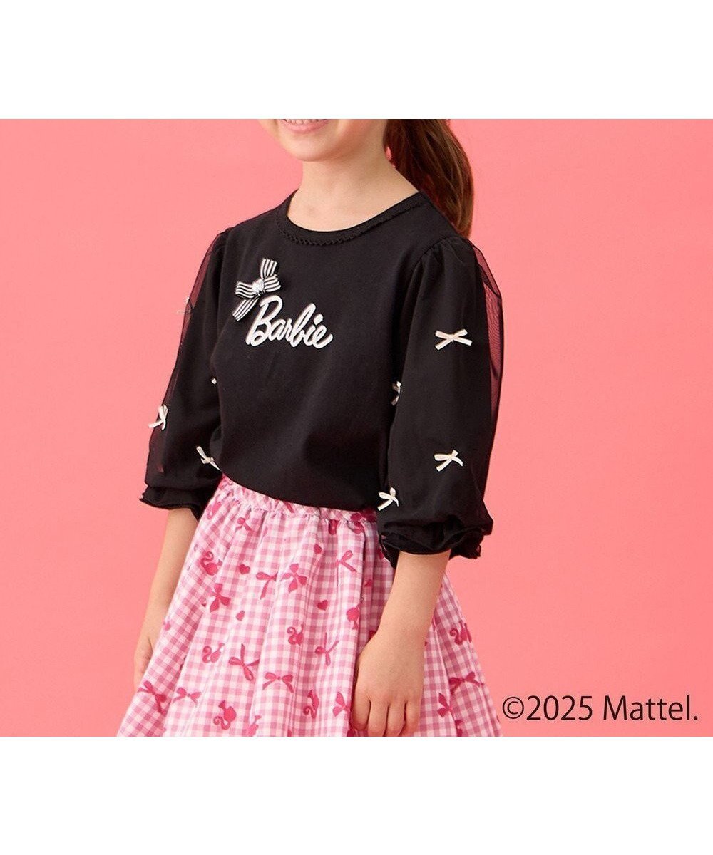 【エニィ/ANY / KIDS】の【Barbie(TM)】リボン 七分袖Tシャツ インテリア・キッズ・メンズ・レディースファッション・服の通販 founy(ファニー) 　ファッション　Fashion　キッズファッション　Fashion for Kids　トップス・カットソー　Cut & Sew Tops　カットソー　Cut and Sewn Top　ジャケット　Jacket, Outerwear　チュール　Tulip, Tulip Motif　デニム　Denim, Jeans Material　トレンド　Trend, Trending Now　フロント　Front, Front Design　プリント　Print, Printed Pattern　ポーチ　Pouch, Small Case　ラウンド　Round, Round Neck　リボン　Ribbon, Bow　ロング　Long, Long-Length　A/W・秋冬　Autumn/Winter　夏　Summer　ブラック|ID: prp329100004642587 ipo3291000000035706715