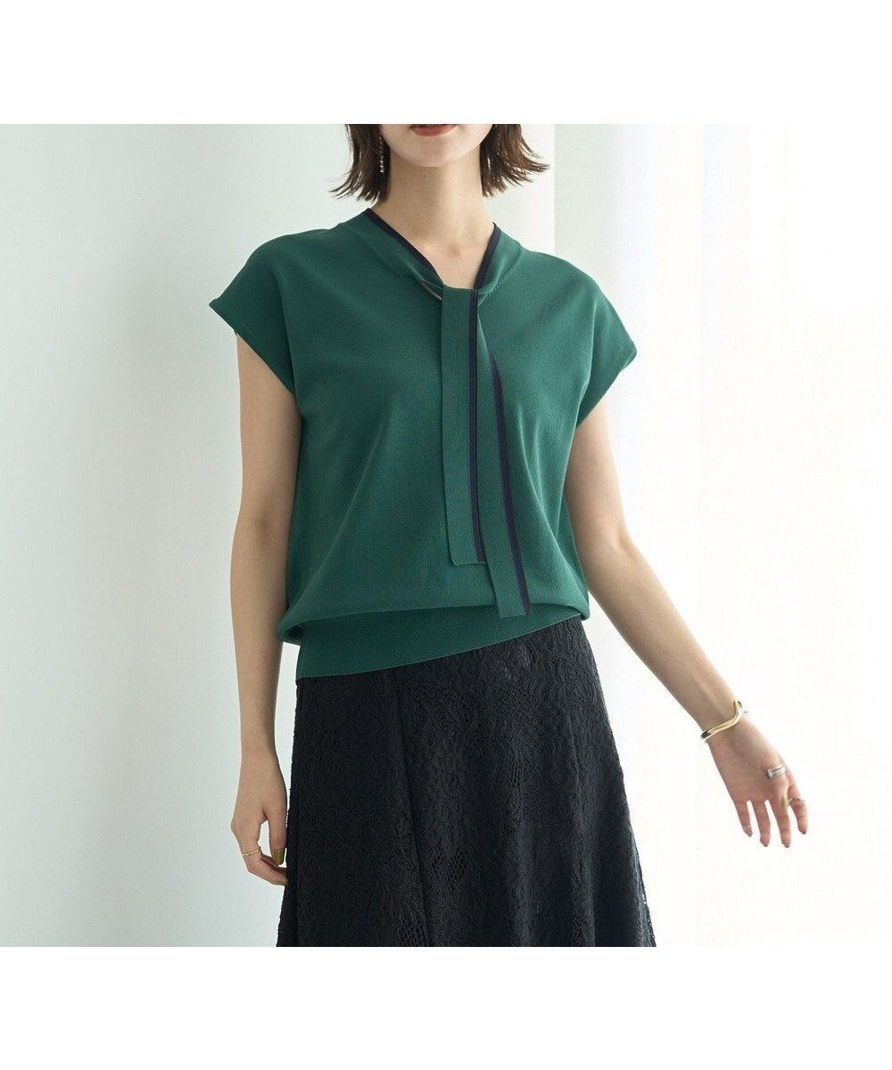 【イェッカ ヴェッカ/YECCA VECCA】の【UVカット】配色ボウタイニット インテリア・キッズ・メンズ・レディースファッション・服の通販 founy(ファニー) 　ファッション　Fashion　レディースファッション　Fashion for Women　トップス・カットソー　Cut & Sew Tops　ニット　Knit Tops & Sweaters　新作・新入荷　New Arrivals / New In　スリーブ　Sleeve, Long Sleeve / Short Sleeve　セーター　Sweater, Knitwear　フォルム　Silhouette, Form　フレンチ　French, French Style　ポケット　Pocket, Pocket Detail　リボン　Ribbon, Bow　A/W・秋冬　Autumn/Winter　Green|ID: prp329100004643062 ipo3291000000033493337