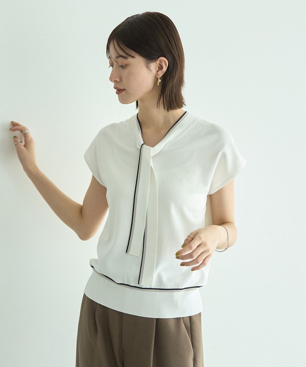 【イェッカ ヴェッカ/YECCA VECCA】の【UVカット】配色ボウタイニット インテリア・キッズ・メンズ・レディースファッション・服の通販 founy(ファニー) 　ファッション　Fashion　レディースファッション　Fashion for Women　トップス・カットソー　Cut & Sew Tops　ニット　Knit Tops & Sweaters　新作・新入荷　New Arrivals / New In　スリーブ　Sleeve, Long Sleeve / Short Sleeve　セーター　Sweater, Knitwear　フォルム　Silhouette, Form　フレンチ　French, French Style　ポケット　Pocket, Pocket Detail　リボン　Ribbon, Bow　A/W・秋冬　Autumn/Winter　Ivory|ID: prp329100004643062 ipo3291000000033493338