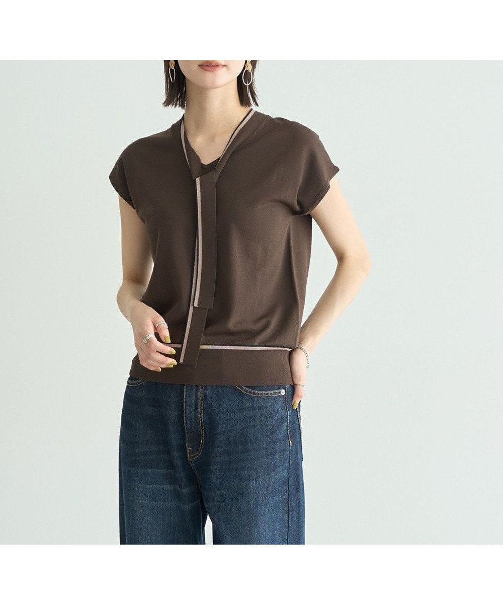 【イェッカ ヴェッカ/YECCA VECCA】の【UVカット】配色ボウタイニット インテリア・キッズ・メンズ・レディースファッション・服の通販 founy(ファニー) 　ファッション　Fashion　レディースファッション　Fashion for Women　トップス・カットソー　Cut & Sew Tops　ニット　Knit Tops & Sweaters　新作・新入荷　New Arrivals / New In　スリーブ　Sleeve, Long Sleeve / Short Sleeve　セーター　Sweater, Knitwear　フォルム　Silhouette, Form　フレンチ　French, French Style　ポケット　Pocket, Pocket Detail　リボン　Ribbon, Bow　A/W・秋冬　Autumn/Winter　Brown|ID: prp329100004643062 ipo3291000000033493340