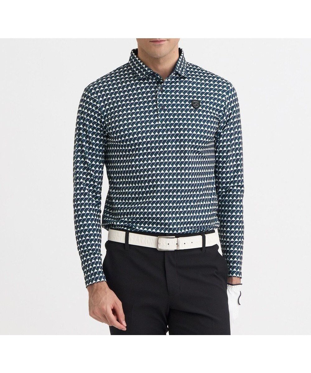 【23区 ゴルフ/23区GOLF / MEN】の【MEN】フラッグ総柄長袖ポロシャツ 通気性 吸湿性 蒸れにくい インテリア・キッズ・メンズ・レディースファッション・服の通販 founy(ファニー) 　ファッション　Fashion　メンズファッション　Fashion for Men　トップス・カットソー　Cut & Sew Tops　メンズシャツ　Shirts　ポロシャツ / きれいめカジュアルスタイル　Polo Shirts　春　Spring　鹿の子　Piqué, Kanoko Fabric　ストレッチ　Stretch, Stretchy Fabric　スリム　Slim, Slim Fit　長袖　Long Sleeve, Full Sleeve　パターン　Pattern, Design Print　フィット　Fit, Slim Fit　プリント　Print, Printed Pattern　ポロシャツ　Polo Shirt, Collared Tee　A/W・秋冬　Autumn/Winter　S/S・春夏　SS, Spring/Summer, Warm Season　夏　Summer　エレガント 上品　Elegant　ゴルフ　Golf　ダークグリーン系5|ID: prp329100004647783 ipo3291000000033551713