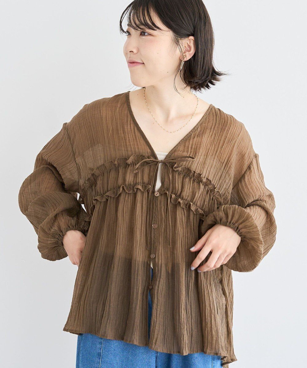 【グリーンパークス/Green Parks】のVネックフリルシアープリーツブラウス インテリア・キッズ・メンズ・レディースファッション・服の通販 founy(ファニー) 　ファッション　Fashion　レディースファッション　Fashion for Women　トップス・カットソー　Cut & Sew Tops　シャツ・ブラウス・オフィスカジュアル　Elegant Blouses & Button-Ups　Vネックトップス　V-Neck Tops / V-Cut Neckline Shirts　新作・新入荷　New Arrivals / New In　ギャザー　Gathered, Ruffled　シアー　Sheer, See-Through　フェミニン　Feminine, Girly　フリル　Frill, Ruffle　プリーツ　Pleats, Pleated　プレーン　Plain, Simple　ボトム　Bottoms, Lower Wear　ポケット　Pocket, Pocket Detail　リボン　Ribbon, Bow　夏　Summer　S/S・春夏　SS, Spring/Summer, Warm Season　A/W・秋冬　Autumn/Winter　Brown|ID: prp329100004649449 ipo3291000000033581355