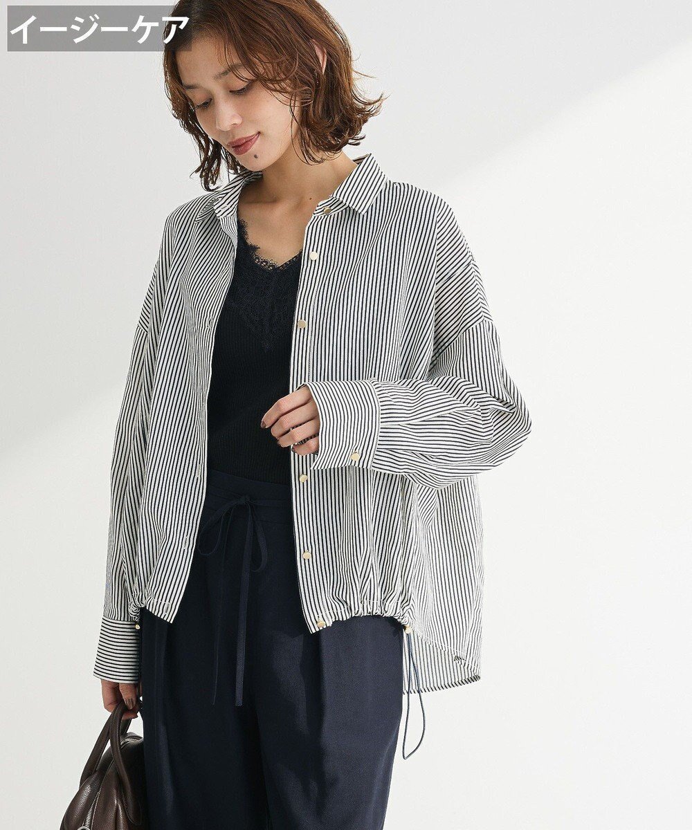 【グリーンパークス/Green Parks】の金ボタン裾ドロストシャツ インテリア・キッズ・メンズ・レディースファッション・服の通販 founy(ファニー) 　ファッション　Fashion　レディースファッション　Fashion for Women　トップス・カットソー　Cut & Sew Tops　シャツ・ブラウス・オフィスカジュアル　Elegant Blouses & Button-Ups　新作・新入荷　New Arrivals / New In　おすすめ　Recommended / Our Picks　フォルム　Silhouette, Form　ポケット　Pocket, Pocket Detail　ロング　Long, Long-Length　夏　Summer　S/S・春夏　SS, Spring/Summer, Warm Season　A/W・秋冬　Autumn/Winter　Stripe|ID: prp329100004649476 ipo3291000000033581559