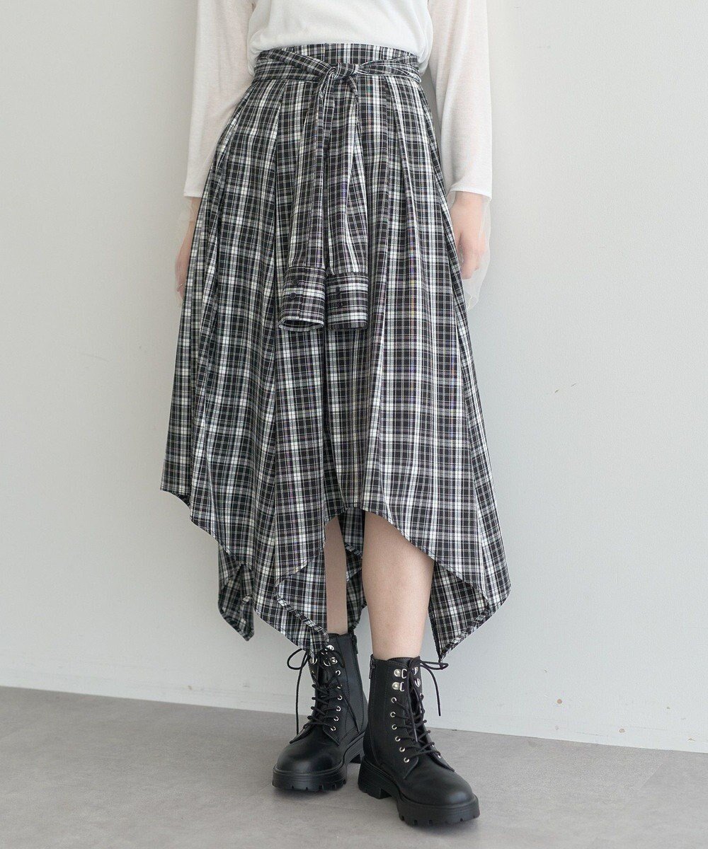 【アースミュージックアンドエコロジー/earth music&ecology】のイレヘムチェックシャツスカート 人気、トレンドファッション・服の通販 founy(ファニー) 　ファッション　Fashion　レディースファッション　Fashion for Women　スカート　Skirts　新作・新入荷　New Arrivals / New In　おすすめ　Recommended / Our Picks　アシンメトリー　Asymmetrical Style　イレギュラーヘム　Irregular Hem　カットソー　Cut and Sewn Top　シンプル　Simple, Minimal　チェック　Check, Plaid, Tartan　ポケット　Pocket, Pocket Detail　リボン　Ribbon, Bow　A/W・秋冬　Autumn/Winter　 other-1|ID: prp329100004650093 ipo3291000000033592639