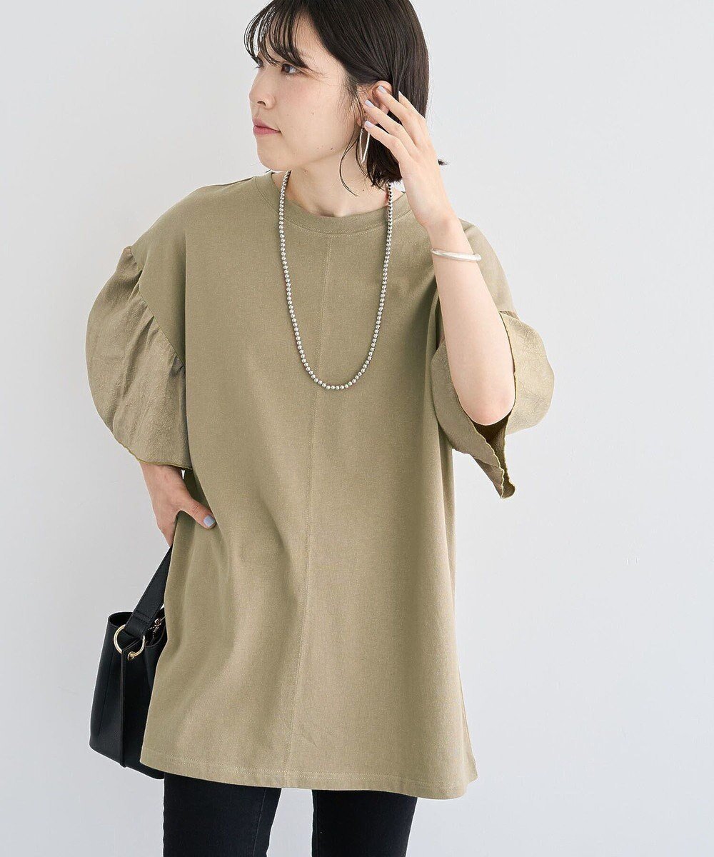 【グリーンパークス/Green Parks】の袖サテンドッキングチュニック インテリア・キッズ・メンズ・レディースファッション・服の通販 founy(ファニー) 　ファッション　Fashion　レディースファッション　Fashion for Women　ワンピース　Dresses　チュニック　Tunic Tops & Dresses　新作・新入荷　New Arrivals / New In　おすすめ　Recommended / Our Picks　カットソー　Cut and Sewn Top　ギャザー　Gathered, Ruffled　サテン　Satin, Glossy Fabric　スリーブ　Sleeve, Long Sleeve / Short Sleeve　チュニック　Tunic, Long Top　ドッキング　Docking, Mixed Material　ポケット　Pocket, Pocket Detail　リラックス　Relax, Relaxed Fit　夏　Summer　S/S・春夏　SS, Spring/Summer, Warm Season　A/W・秋冬　Autumn/Winter　Khaki|ID: prp329100004650161 ipo3291000000033593189
