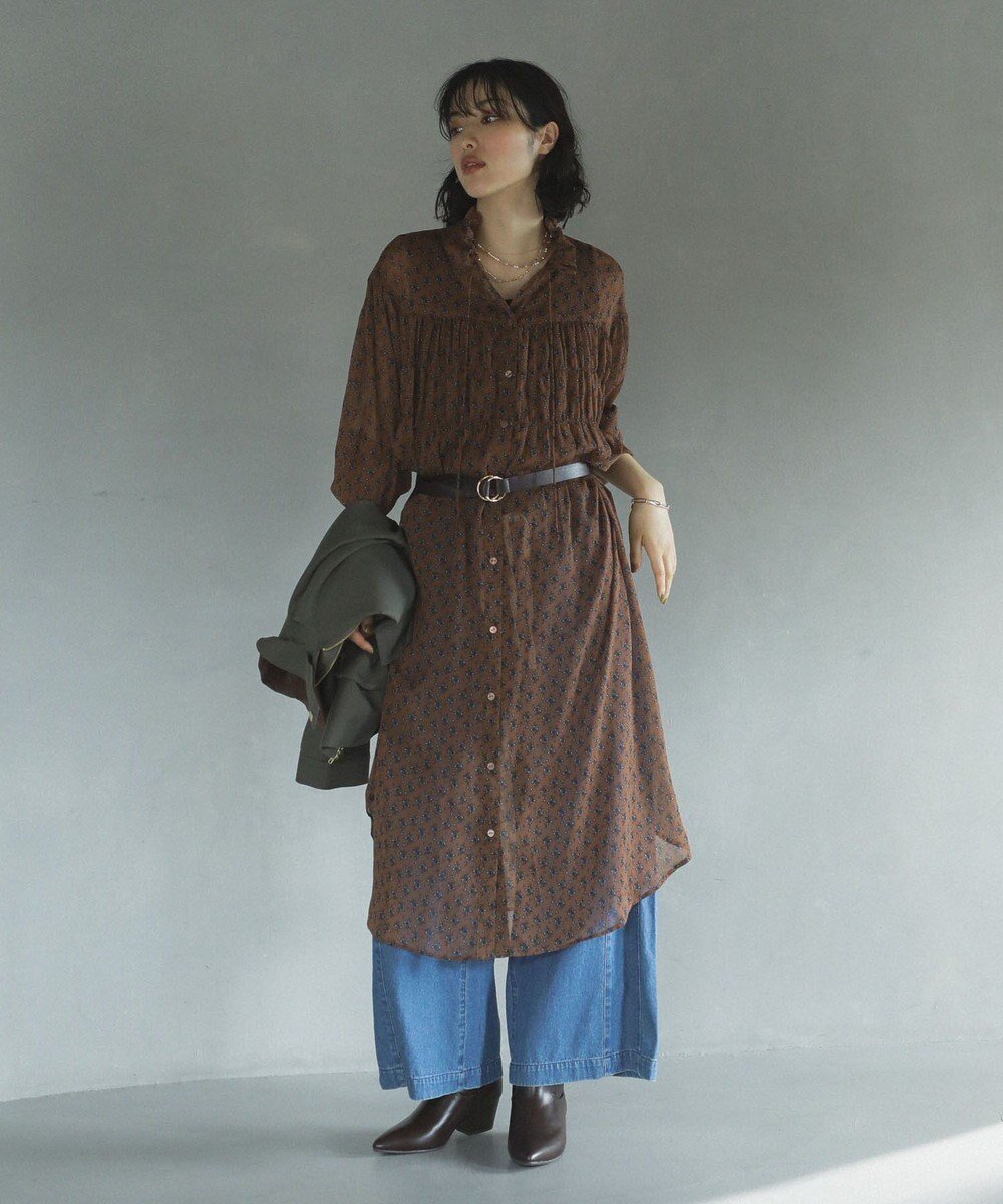 【グリーンパークス/Green Parks】の花柄シフォン楊柳ワンピース インテリア・キッズ・メンズ・レディースファッション・服の通販 founy(ファニー) 　ファッション　Fashion　レディースファッション　Fashion for Women　ワンピース　Dresses　シャツワンピース / 1枚で着映えコーデ　Shirt Dresses　新作・新入荷　New Arrivals / New In　おすすめ　Recommended / Our Picks　カーディガン　Cardigan, Knitwear　ギャザー　Gathered, Ruffled　シフォン　Chiffon, Lightweight Fabric　フェミニン　Feminine, Girly　フリル　Frill, Ruffle　ポケット　Pocket, Pocket Detail　ロング　Long, Long-Length　今季　This Season, Current Season　夏　Summer　S/S・春夏　SS, Spring/Summer, Warm Season　A/W・秋冬　Autumn/Winter　Brown|ID: prp329100004650162 ipo3291000000033593199