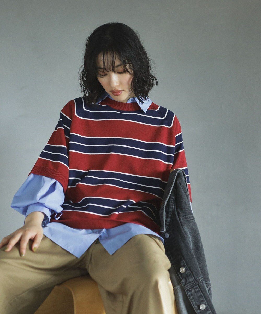 【グリーンパークス/Green Parks】のトレーナー風ニットプルオーバー インテリア・キッズ・メンズ・レディースファッション・服の通販 founy(ファニー) 　ファッション　Fashion　レディースファッション　Fashion for Women　トップス・カットソー　Cut & Sew Tops　ニット　Knit Tops & Sweaters　カジュアルプルオーバー・ニットトップス　Pullovers & Knit Tops / Casual Pullovers　スリーブ　Sleeve, Long Sleeve / Short Sleeve　セーター　Sweater, Knitwear　トレーナー　Sweatshirt, Trainer　プレート　Plate, Dish　ボトム　Bottoms, Lower Wear　ポケット　Pocket, Pocket Detail　メタル　Metal, Metal Parts　夏　Summer　S/S・春夏　SS, Spring/Summer, Warm Season　A/W・秋冬　Autumn/Winter　Border|ID: prp329100004651094 ipo3291000000033604744