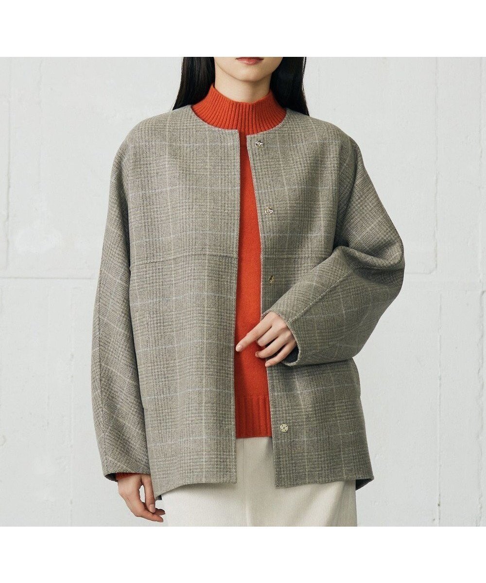 【自由区/JIYU-KU】のウールリバーチェック柄ノーカラー コート 人気、トレンドファッション・服の通販 founy(ファニー) 　ファッション　Fashion　レディースファッション　Fashion for Women　アウター　Coat / Outerwear Collection　コート・ロングコート・ピーコート　Long Coats, Peacoats & More　レディースジャケット・軽アウター　Jackets　インナー　Innerwear　エレガント 上品　Elegant　コンパクト　Compact, Small Size　シンプル　Simple, Minimal　ジャケット　Jacket, Outerwear　ダウン　Down, Puffer　チェック　Check, Plaid, Tartan　フォルム　Silhouette, Form　メルトン　Melton, Heavy Wool　A/W・秋冬　Autumn/Winter　 other-1|ID: prp329100004651411 ipo3291000000033608237