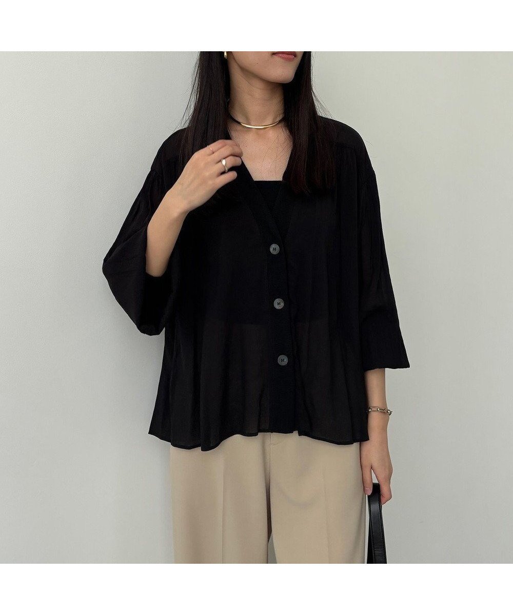【アンフィーロ 自由区/UNFILO】のシアーシャツ カーディガン インテリア・キッズ・メンズ・レディースファッション・服の通販 founy(ファニー) 　ファッション　Fashion　レディースファッション　Fashion for Women　トップス・カットソー　Cut & Sew Tops　カーディガン・羽織り　Layered Style Cardigans　シャツ・ブラウス・オフィスカジュアル　Elegant Blouses & Button-Ups　新作・新入荷　New Arrivals / New In　カーディガン　Cardigan, Knitwear　シャーリング　Shirring, Ruched　ショルダー　Shoulder, Shoulder Strap　ドレープ　Drape, Draping Fabric　ドロップ　Drop Shoulder, Dropped Style　リラックス　Relax, Relaxed Fit　エレガント 上品　Elegant　A/W・秋冬　Autumn/Winter　羽織　Haori, Light Jacket　ブラック|ID: prp329100004652446 ipo3291000000033621567