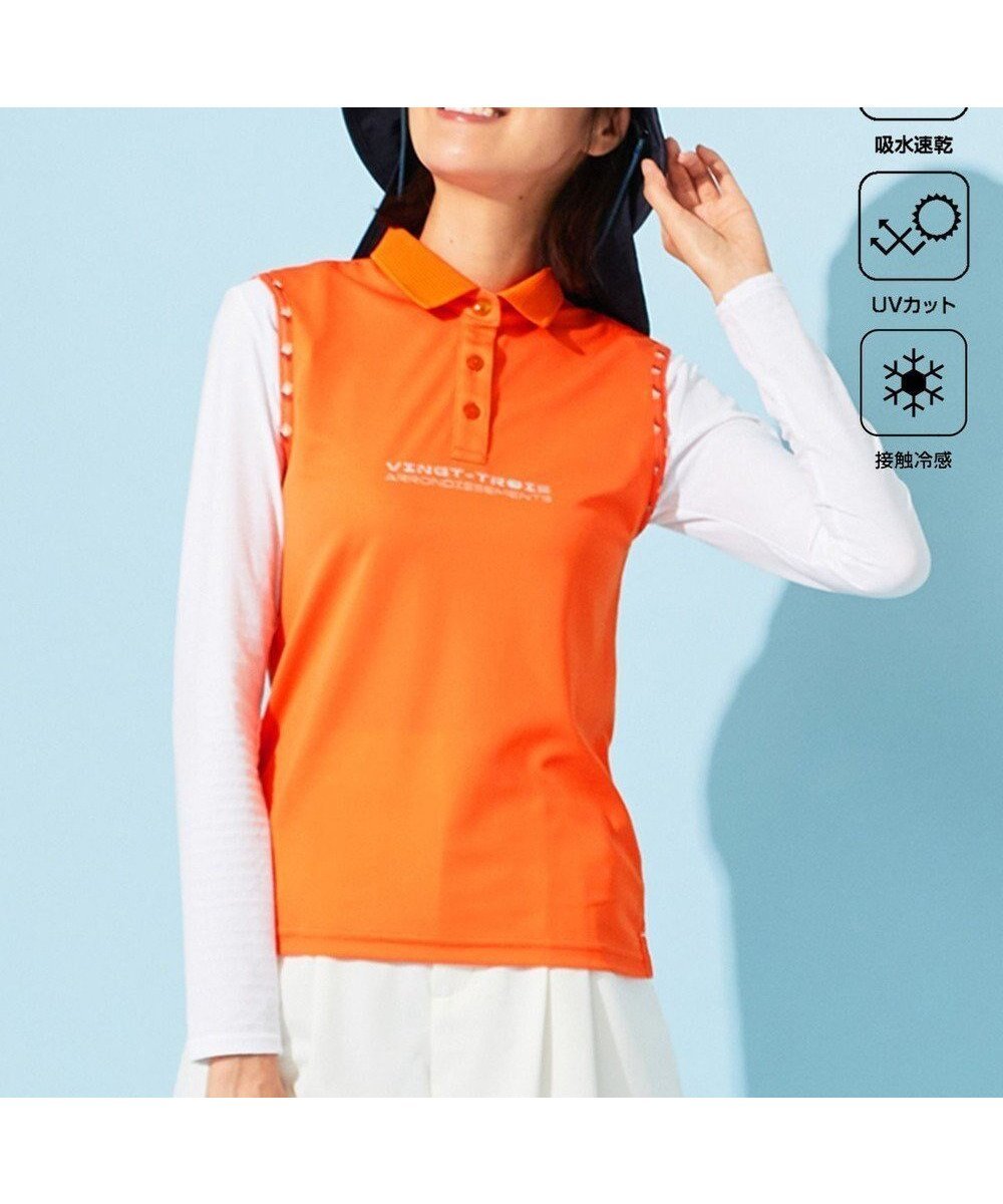 【23区 ゴルフ/NIJYUSANKU GOLF】の【WOMEN】【接触冷感・UVケア・吸水速乾】ノースリーブ ポロシャツ 人気、トレンドファッション・服の通販 founy(ファニー) 　ファッション　Fashion　レディースファッション　Fashion for Women　トップス・カットソー　Cut & Sew Tops　キャミソール&ノースリーブ　Camisoles & Sleeveless Tops　シャツ・ブラウス・オフィスカジュアル　Elegant Blouses & Button-Ups　ポロシャツ・きれいめカジュアル　Smart-Casual Polo Tops　インナー　Innerwear　エレガント 上品　Elegant　春　Spring　吸水　Absorbent, Quick-Dry　シルバー　Silver, Metallic Silver　スポーティ　Sporty, Casual Athletic　センター　Center, Center Line　ノースリーブ　Sleeveless, No-Sleeve　パイピング　Piping, Trim Design　パーカー　Hoodie, Parka　プリント　Print, Printed Pattern　ボレロ　Bolero, Short Cardigan　ポロシャツ　Polo Shirt, Collared Tee　羽織　Haori, Light Jacket　モチーフ　Motif, Design Theme　ラウンド　Round, Round Neck　S/S・春夏　SS, Spring/Summer, Warm Season　夏　Summer　 other-1|ID: prp329100004654672 ipo3291000000033659150