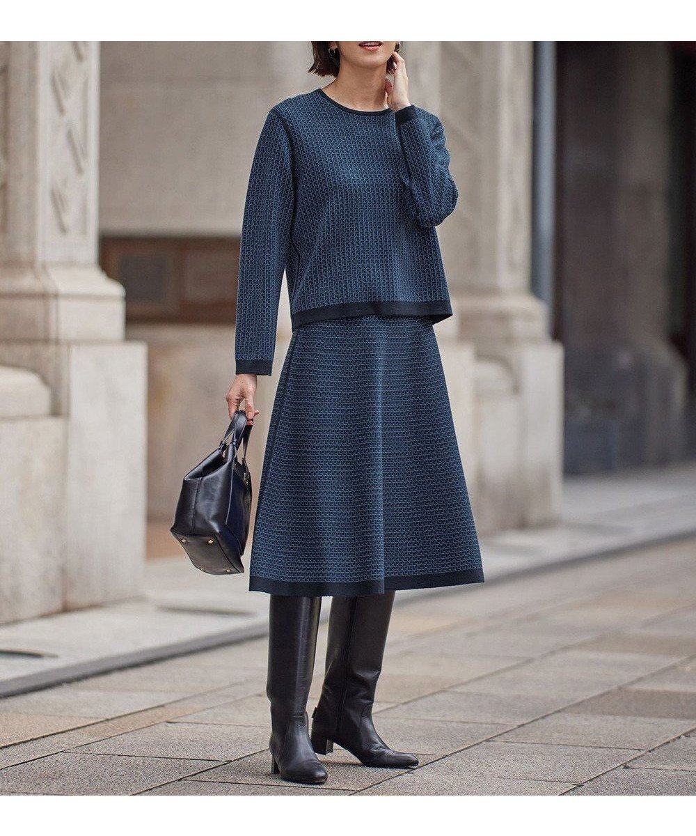 【自由区/JIYU-KU】の【WEB限定カラーあり・洗える】リバーシブルニット セットアップ(プルオーバー×フレアスカート) インテリア・キッズ・メンズ・レディースファッション・服の通販 founy(ファニー) 　ファッション　Fashion　レディースファッション　Fashion for Women　セットアップ　Matching Sets　スカート・ミニ/ミディ/マキシ　Skirts / Mini, Midi & Maxi Skirts　スカート　Skirts　Aライン・フレアスカート　A-Line & Flared Skirts　セットアップ　Set-Up, Coordinated Outfit　チェック　Check, Plaid, Tartan　ツイード　Twill, Twill Weave　パターン　Pattern, Design Print　フレア　Flare, Flared　リバーシブル　Reversible, Two-Sided　定番　Standard, Basic Item　洗える　Machine Washable　無地　Plain, Solid Color　A/W・秋冬　Autumn/Winter　[WEB限定]ネイビー×ブルー|ID: prp329100004654907 ipo3291000000033661034