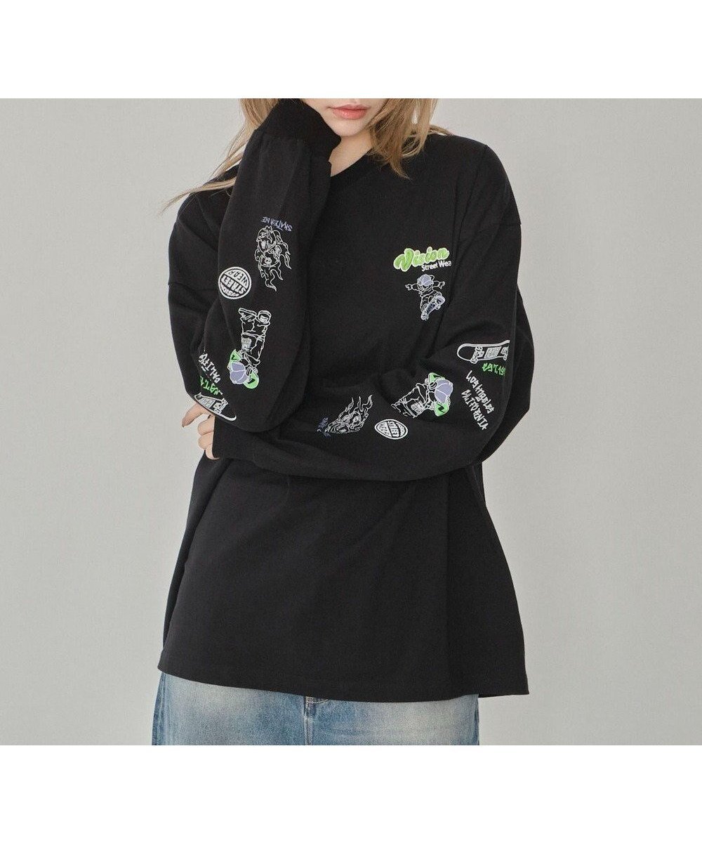 【ウィゴー/WEGO】の【ユニセックス着用ITEM】別注VISIONグラフィックスリーブプリントT(LS) インテリア・キッズ・メンズ・レディースファッション・服の通販 founy(ファニー) 　ファッション　Fashion　レディースファッション　Fashion for Women　トップス・カットソー　Cut & Sew Tops　シャツ・ブラウス・オフィスカジュアル　Elegant Blouses & Button-Ups　ロングTシャツ・Tシャツ　Longline T-Shirts & Tees　カットソー・ベーシックTシャツ　Cut-and-Sewn Tops / Stretch Tees & Basics　春　Spring　秋　Autumn　カットソー　Cut and Sewn Top　カーゴパンツ　Cargo Pants, Utility Pants　グラフィック　Graphic, Graphic Design　シンプル　Simple, Minimal　スウェット / スエット　Sweatshirt, Sweatwear　スポーツ　Sports, Activewear　スマホ　Smartphone, Mobile Device　ダメージ　Distressed, Destroyed　トレンド　Trend, Trending Now　定番　Standard, Basic Item　別注　Limited Edition, Custom Order　リラックス　Relax, Relaxed Fit　ワンポイント　One Point, Statement Accent　冬　Winter / This Winter　S/S・春夏　SS, Spring/Summer, Warm Season　おすすめ　Recommended / Our Picks　夏　Summer　ブラック|ID: prp329100004655203 ipo3291000000033666224