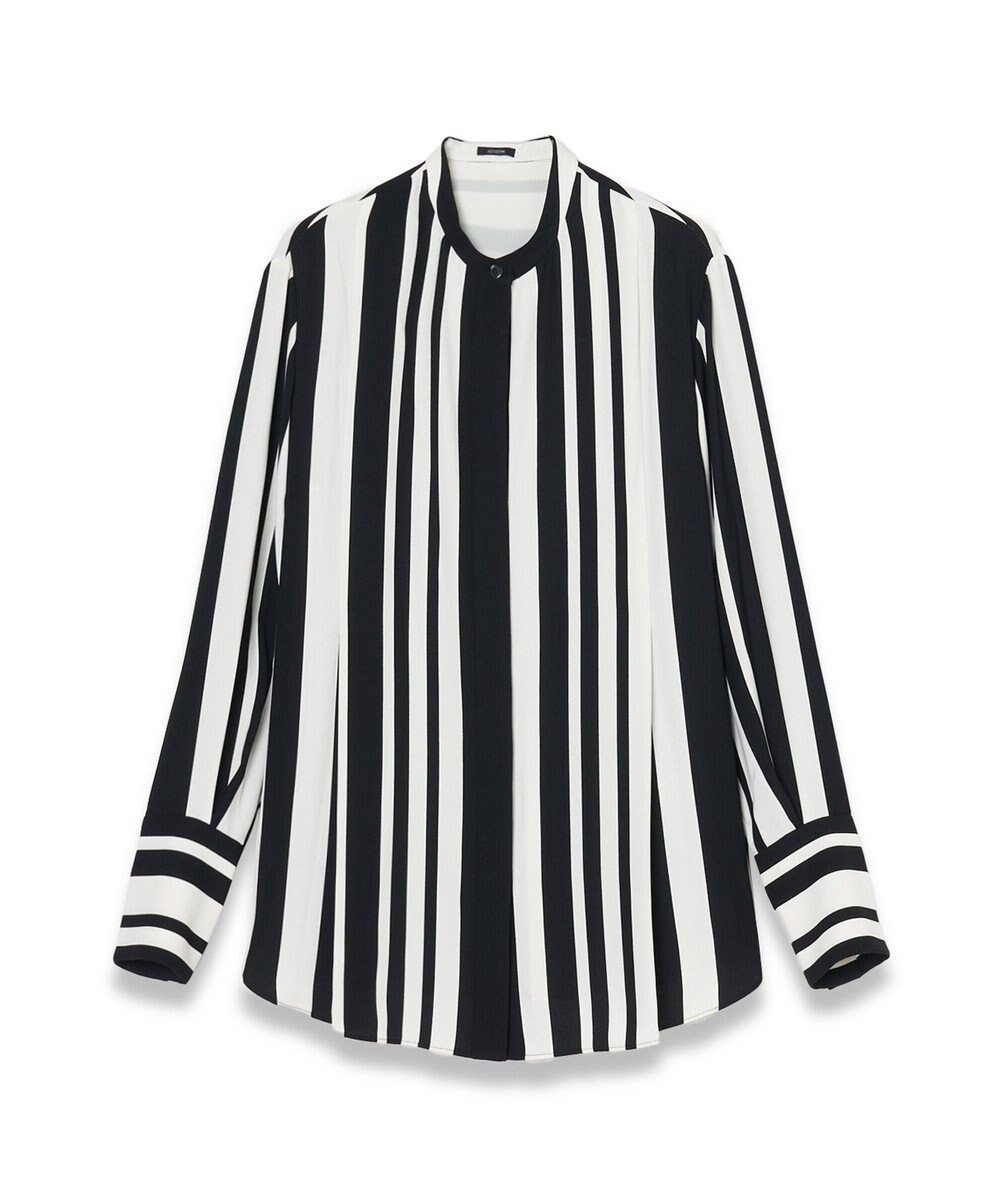 【ジョゼフ/JOSEPH】のストライプクレープ ノーカラーシャツ インテリア・キッズ・メンズ・レディースファッション・服の通販 founy(ファニー) 　ファッション　Fashion　レディースファッション　Fashion for Women　トップス・カットソー　Cut & Sew Tops　シャツ・ブラウス・オフィスカジュアル　Elegant Blouses & Button-Ups　カフス　Cuff Design　ストライプ　Stripe, Striped Pattern　ドレープ　Drape, Draping Fabric　プリント　Print, Printed Pattern　A/W・秋冬　Autumn/Winter　Ivory/Black|ID: prp329100004656115 ipo3291000000033677942