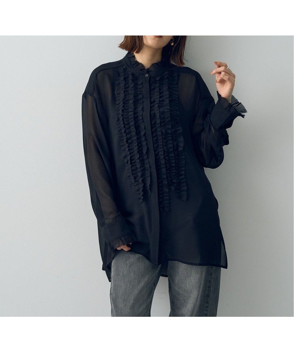 【イェッカ ヴェッカ/YECCA VECCA】のフリルデザインロングシャツ インテリア・キッズ・メンズ・レディースファッション・服の通販 founy(ファニー) 　ファッション　Fashion　レディースファッション　Fashion for Women　トップス・カットソー　Cut & Sew Tops　シャツ・ブラウス・オフィスカジュアル　Elegant Blouses & Button-Ups　シフォン　Chiffon, Lightweight Fabric　ショルダー　Shoulder, Shoulder Strap　トレンド　Trend, Trending Now　ドロップ　Drop Shoulder, Dropped Style　ビッグ　Big, Oversized　ヘムライン　Hemline, Bottom Cut　ポケット　Pocket, Pocket Detail　ワイド　Wide, Wide Fit　A/W・秋冬　Autumn/Winter　Black|ID: prp329100004656600 ipo3291000000033682538